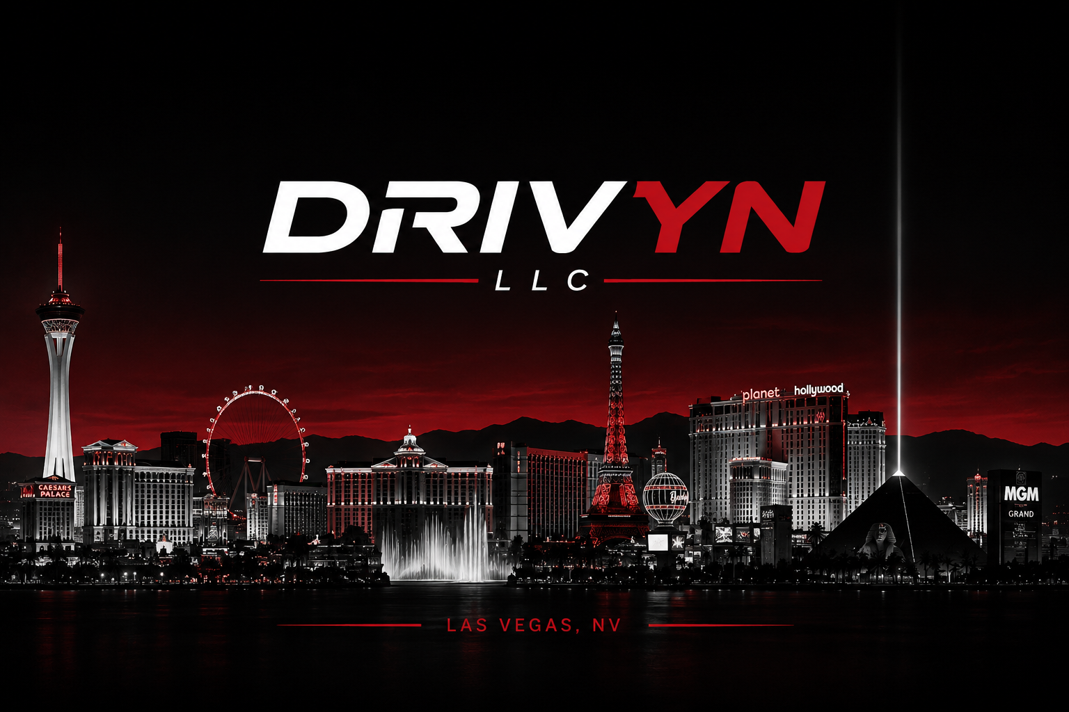 Las Vegas skyline at night with prominent landmarks and the text 'DRIVYN LLC' at the top and 'LAS VEGAS, NV' at the bottom.