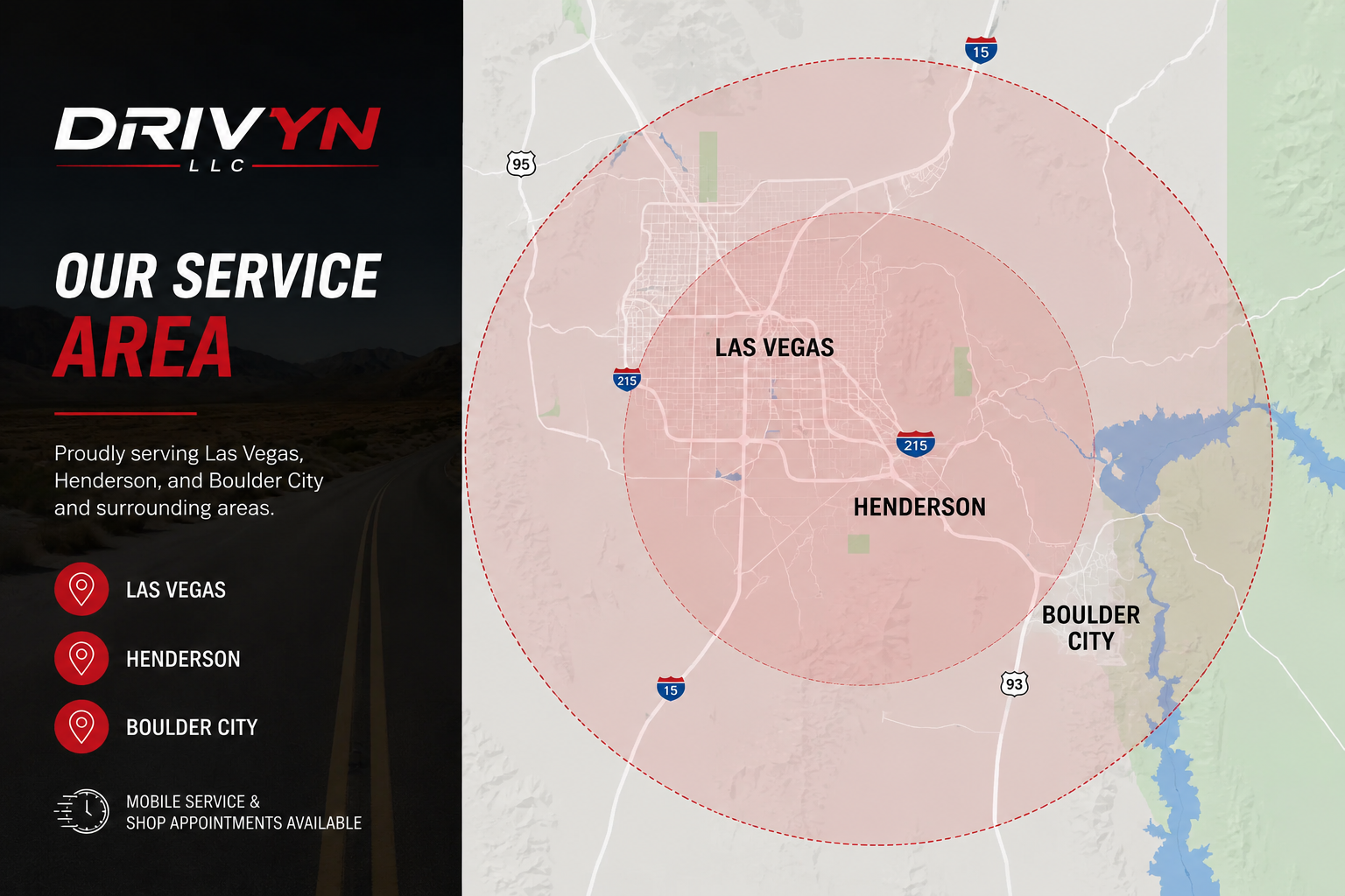 Map showing Las Vegas, Henderson, and Boulder City with service area boundary highlighted in red, and icons indicating service locations in Las Vegas, Henderson, and Boulder City.