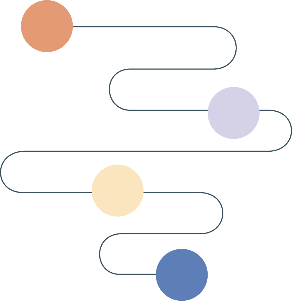 Custom illustration with a line connecting orange, purple, yellow, and blue dots. The dots reflect the steps in Toccata Data Solutions' process.