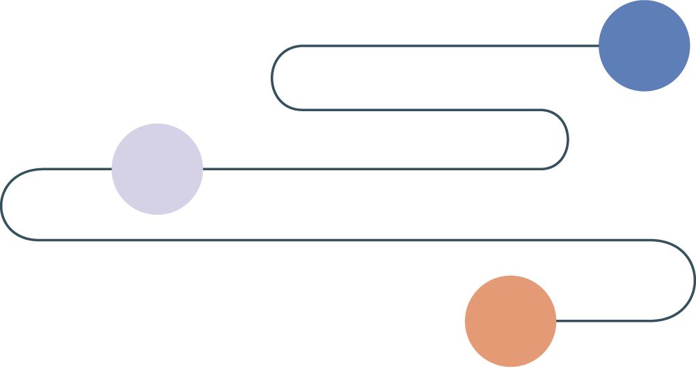 Custom illustration with a line connecting blue, purple, and orange dots. The dots reflect the steps in Toccata Data Solutions' process.
