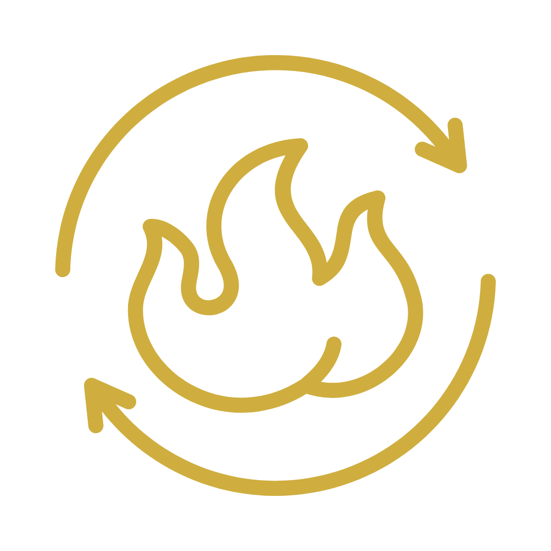 Icon of fire inside a recycling symbol with two arrows forming a circle around it, representing burning waste or energy recycling.