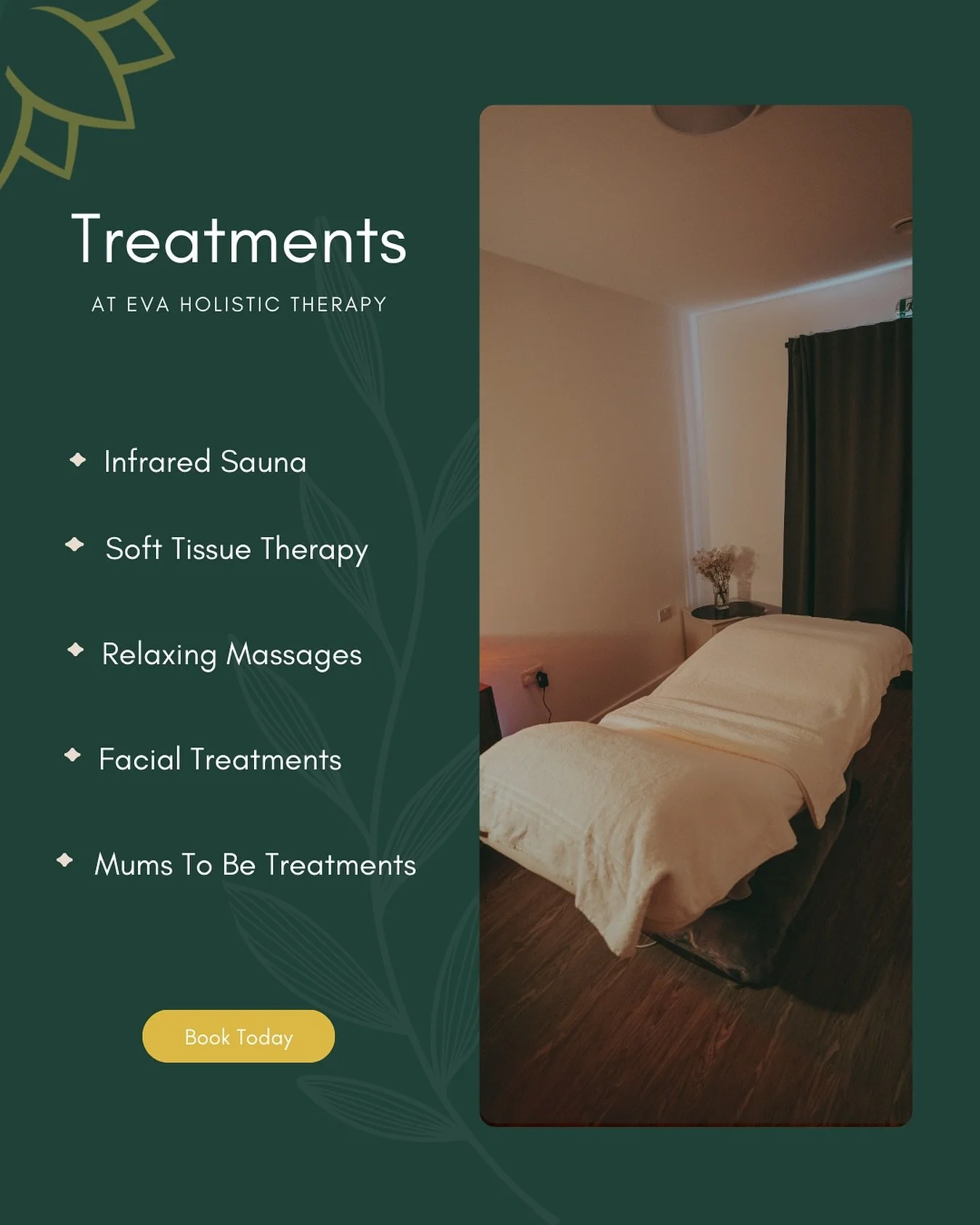 Have you visited @evaholistictherapy yet? 

If not, here&rsquo;s a little look at some of the beautiful treatments available for you to book! From relaxing massages to infrared sauna sessions and more.

Ready to prioritise some well-deserved self-car