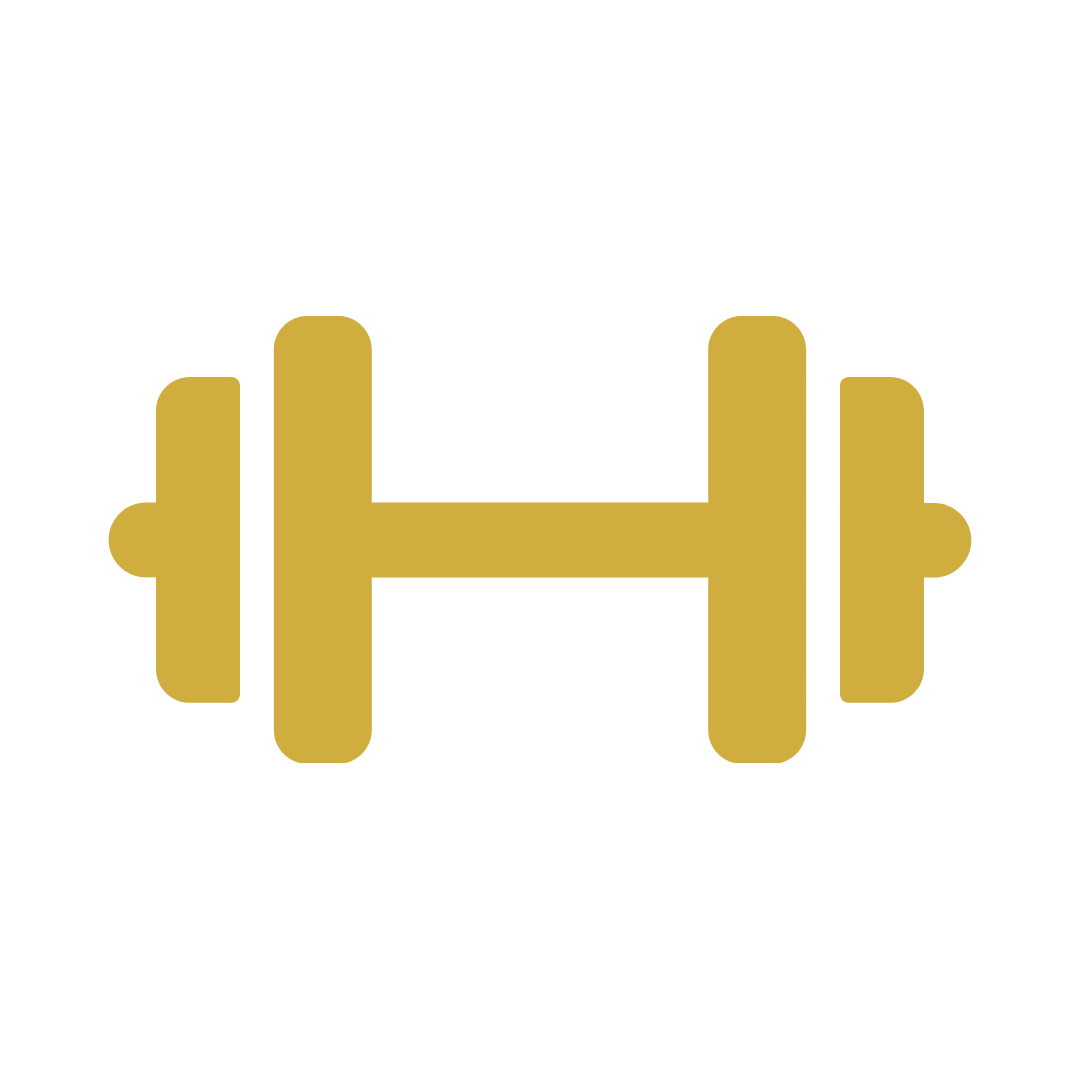 Gold dumbbell icon on a black background.