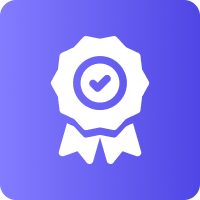 A white badge with a checkmark inside a circle, featuring ribbon-like tails at the bottom, on a blue gradient background.