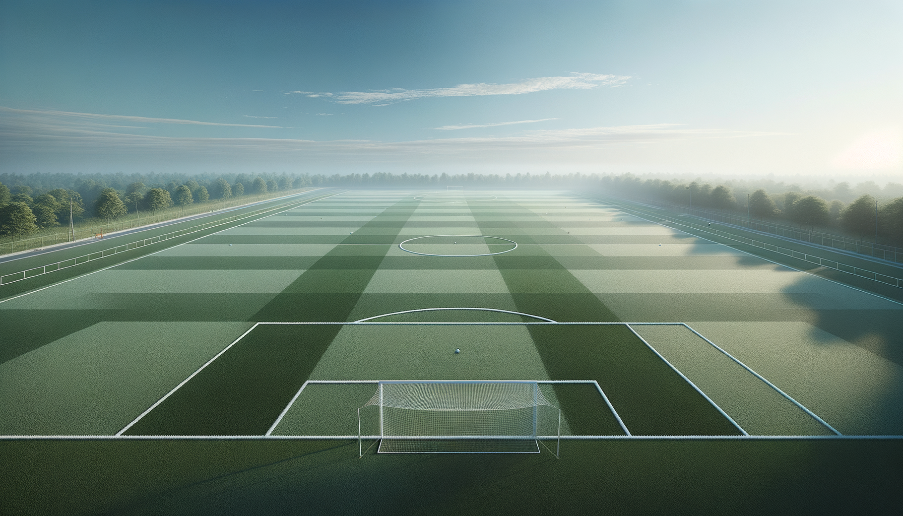 Empty soccer field under bright sunlight with trees and a clear sky in the background.