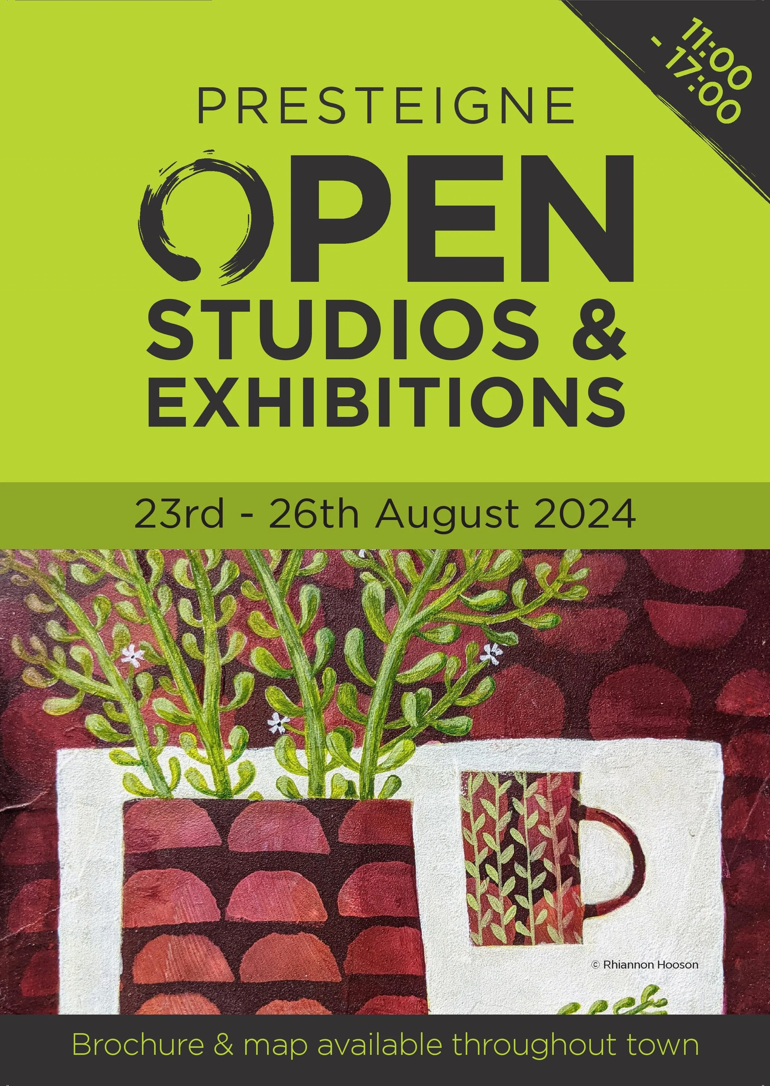 Green poster promoting the celebration of open studios and exhibitions from August 23 to 26, 2024, with a illustration of potted plants and a cup. It mentions hours from 11:00 to 17:00 and indicates that brochures and maps are available throughout the town.