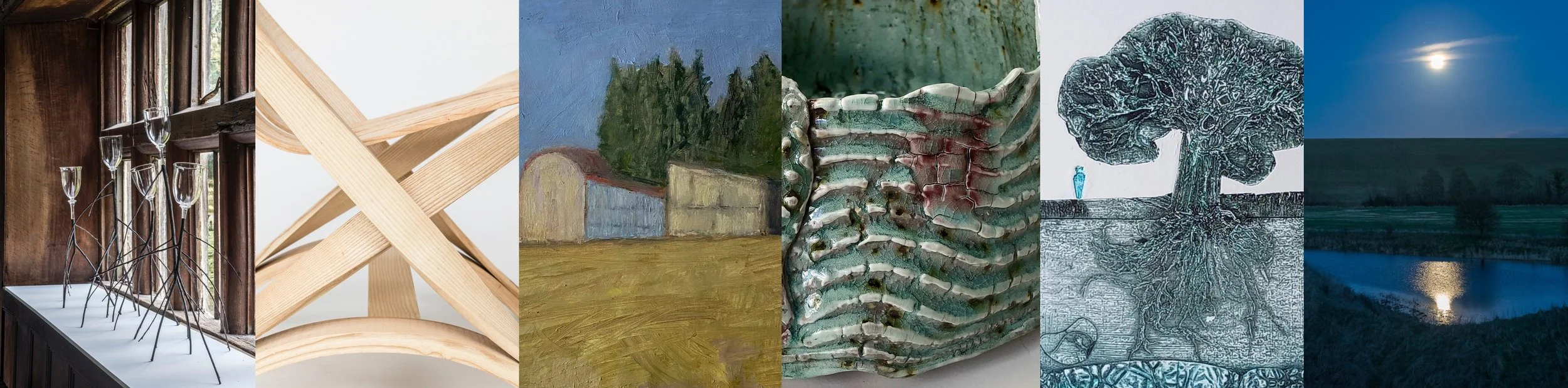 Collage of various artworks including sculptures, paintings, and installations.