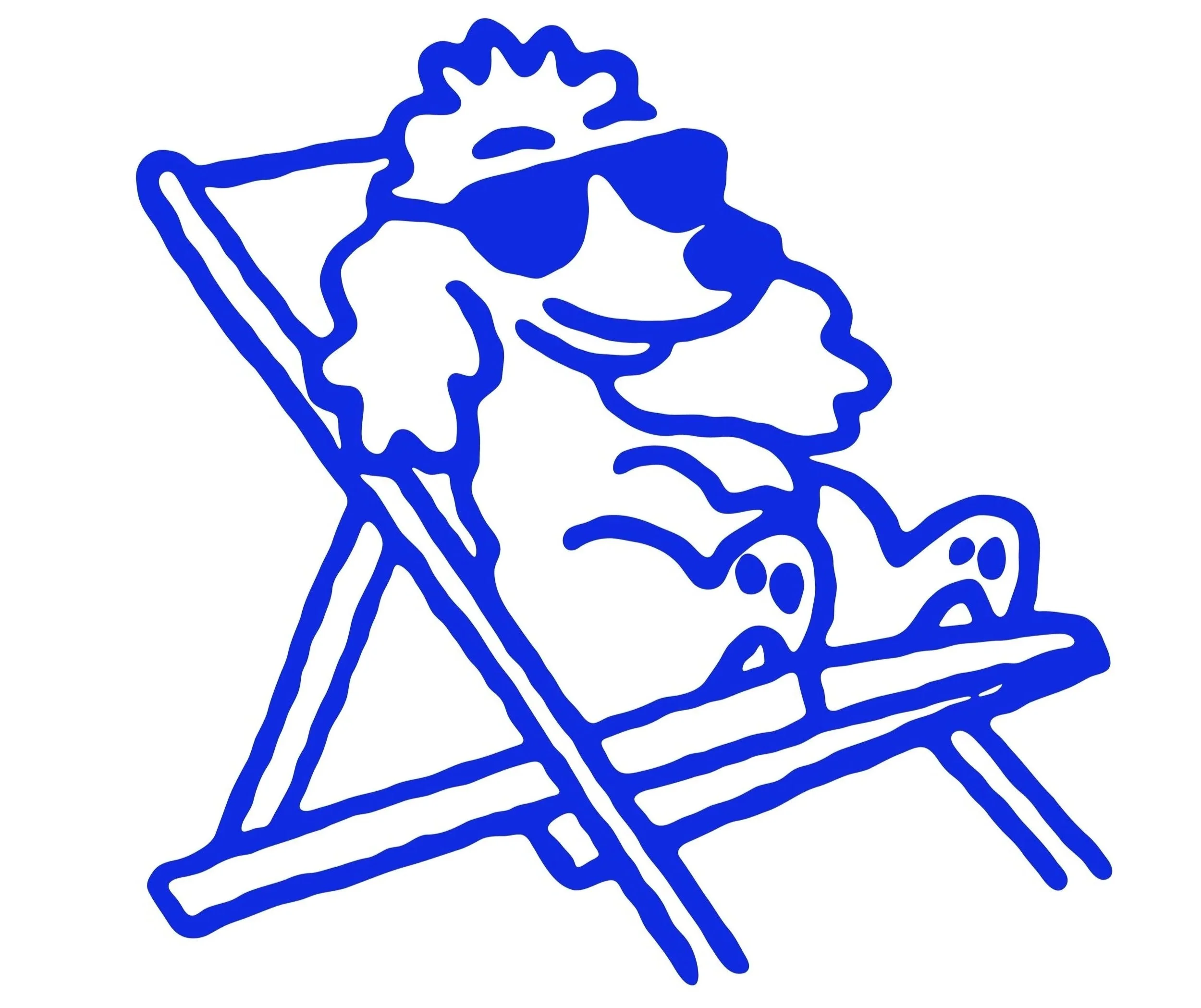 Dessin en lignes bleues représentant un personnage assis, portant un casque ou une coiffure, dans un style abstrait et simplifié.