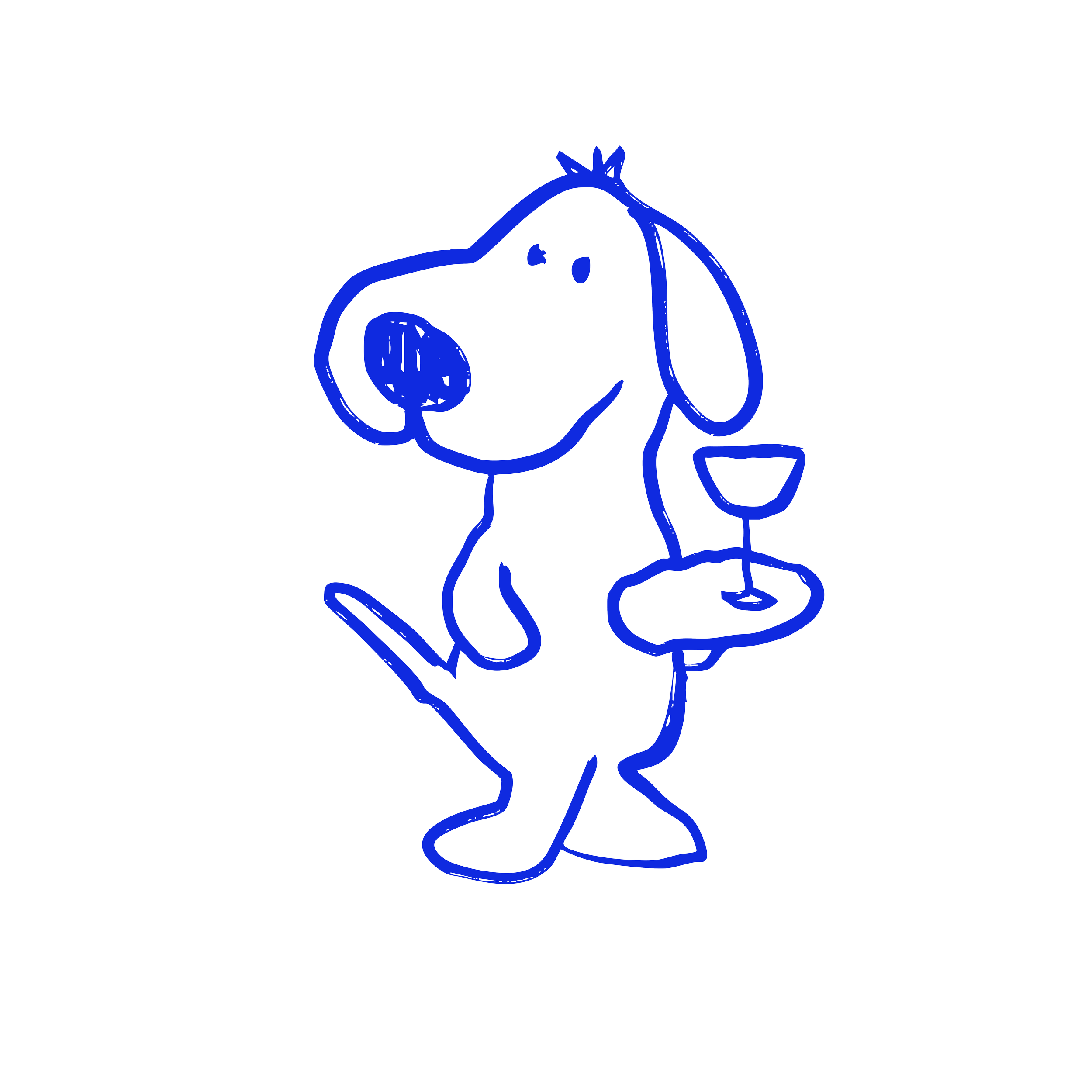 Schéma illustré en bleu d'un bébé debout, tenant un biberon dans une main et un récipient dans l'autre, sur un fond noir.