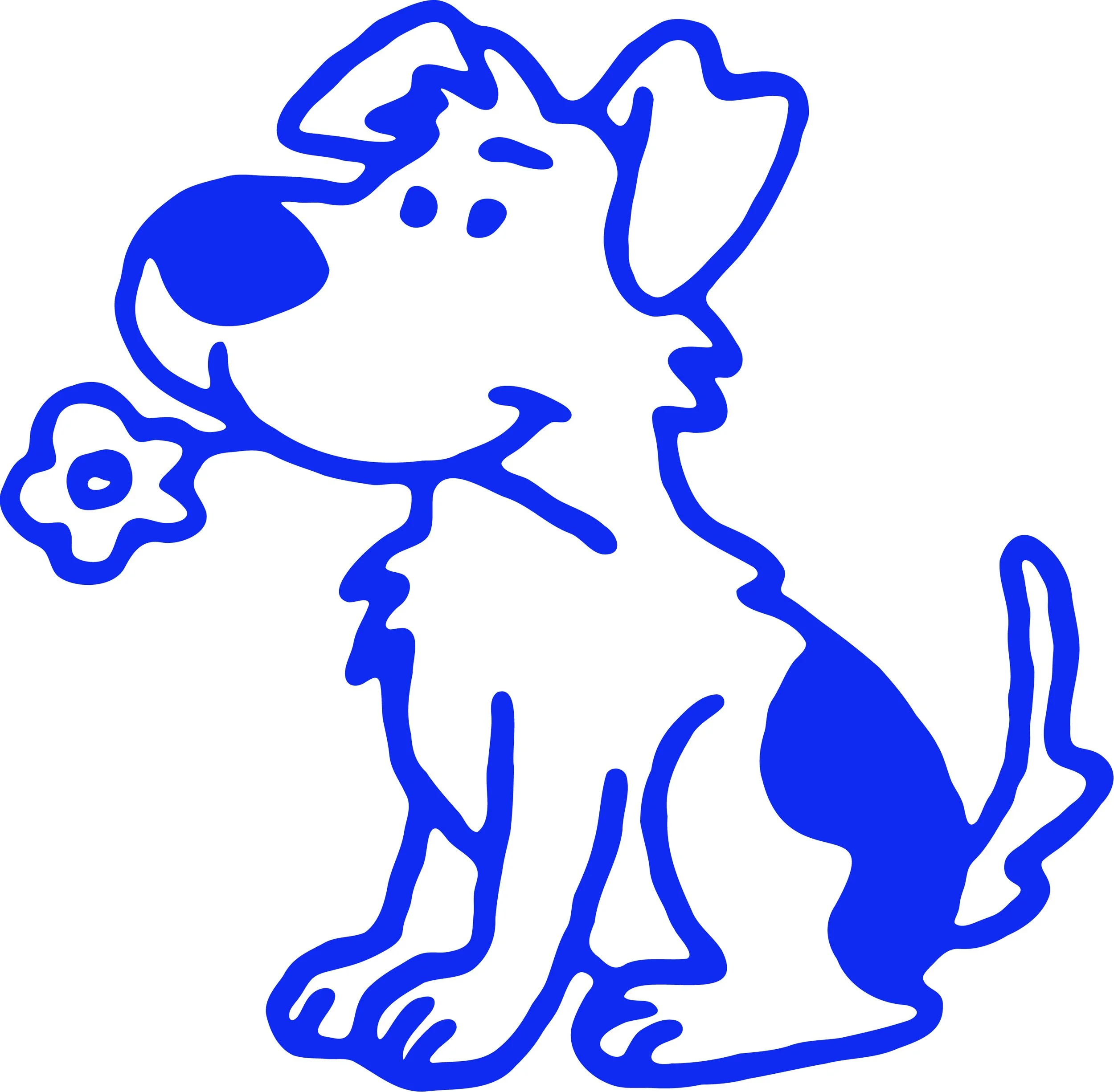 Dessin stylisé d'un chien en ligne bleue sur fond blanc.