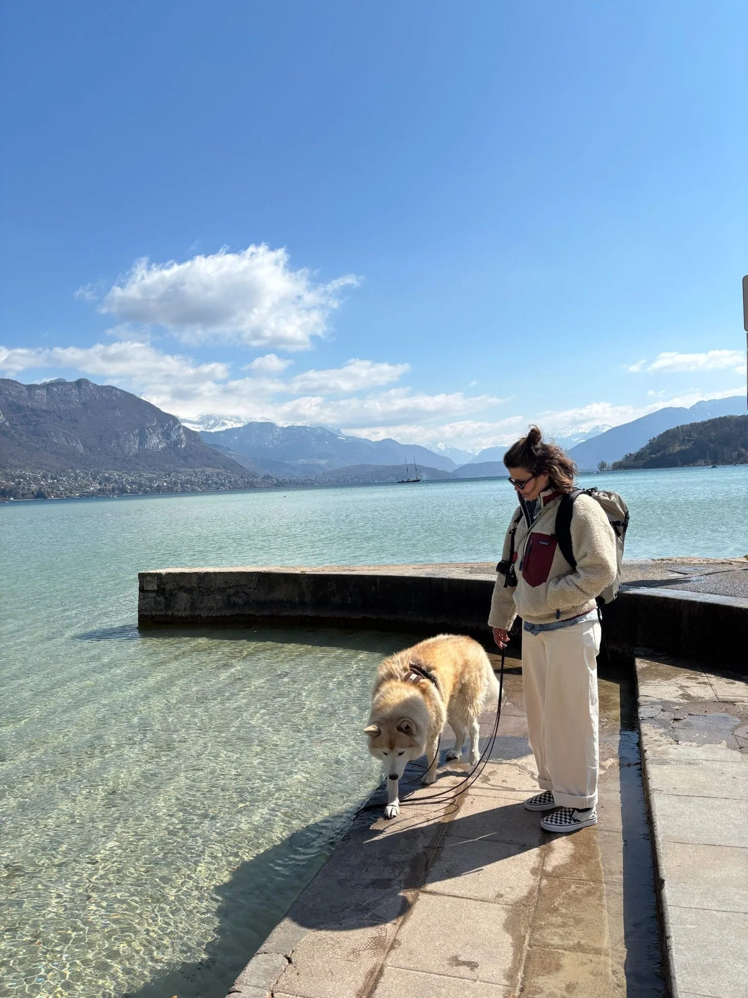Une femme avec un chien husky blanc et gris au bord d'un lac, avec des montagnes en arrière-plan, par une journée ensoleillée.
