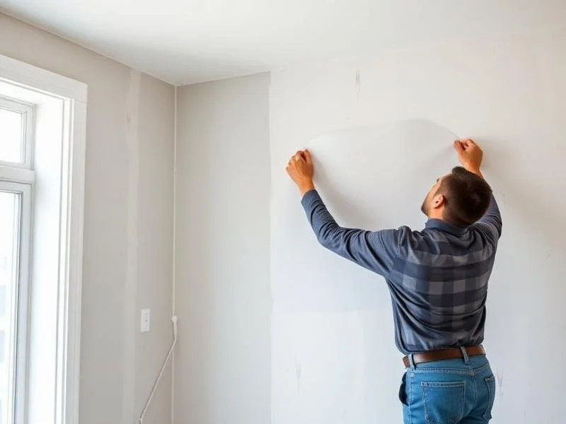 Man applying wallpaper to a white wall in a room with a window to the left.
