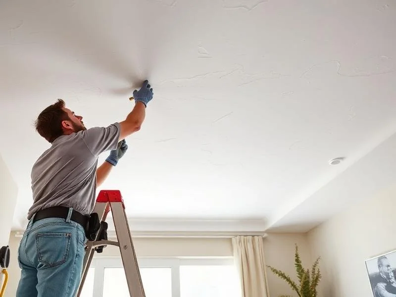 A man on a ladder repairing or installing a ceiling fixture in a living room with a window, curtains, a plant, and a wall-mounted television.