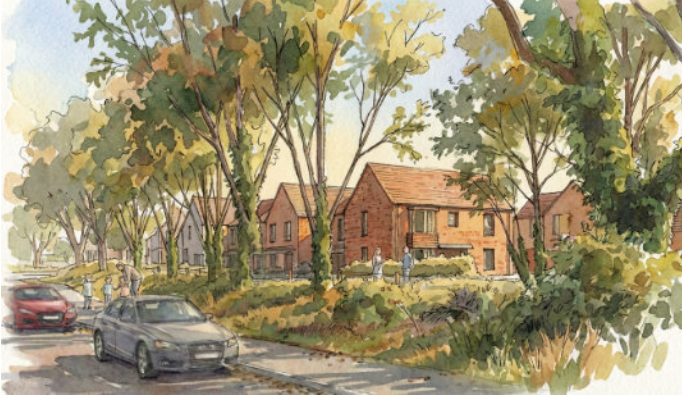 Watercolor painting of a suburban neighborhood street with houses, trees, and cars.