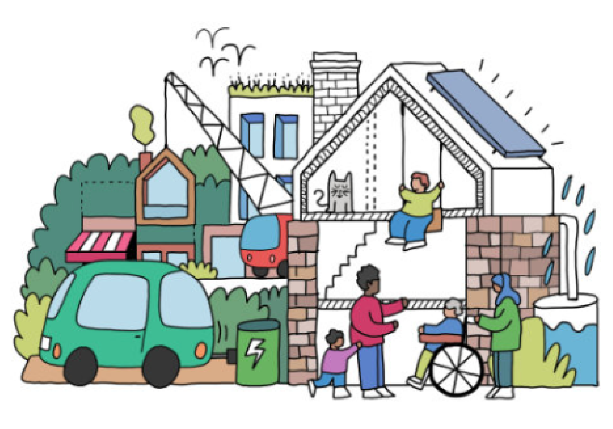 Illustration of a community with houses, trees, birds, a construction crane, a house under construction, vehicles including an electric car and a truck, and people with diverse abilities interacting. Rain is falling on the right side, and solar panels are on the roof of a house.