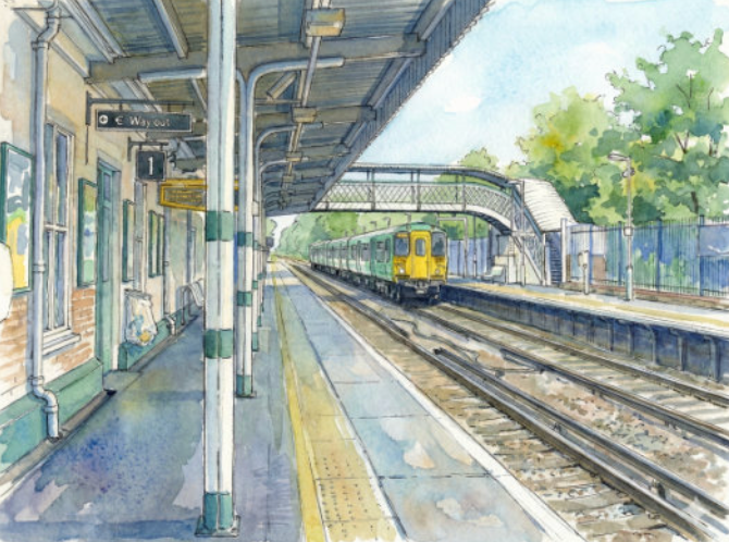 Watercolor painting of an empty train platform with a passing train, station signs, and stairs leading to an overpass, with trees in the background.