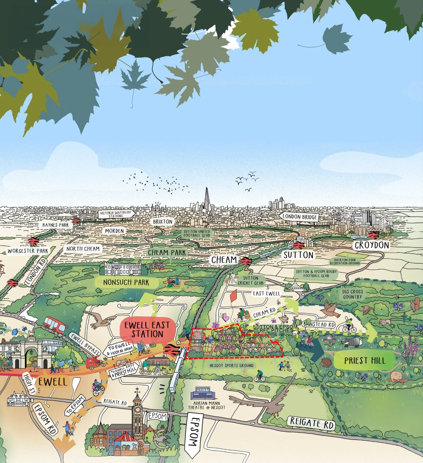 A colorful illustrated map of Ewell, with parks, train stations, roads, and local landmarks in the area, including Ewell East Station, Ewell Bypass, Nescot Sports Ground, and surrounding neighborhoods like Priest Hill and Cheam Park.
