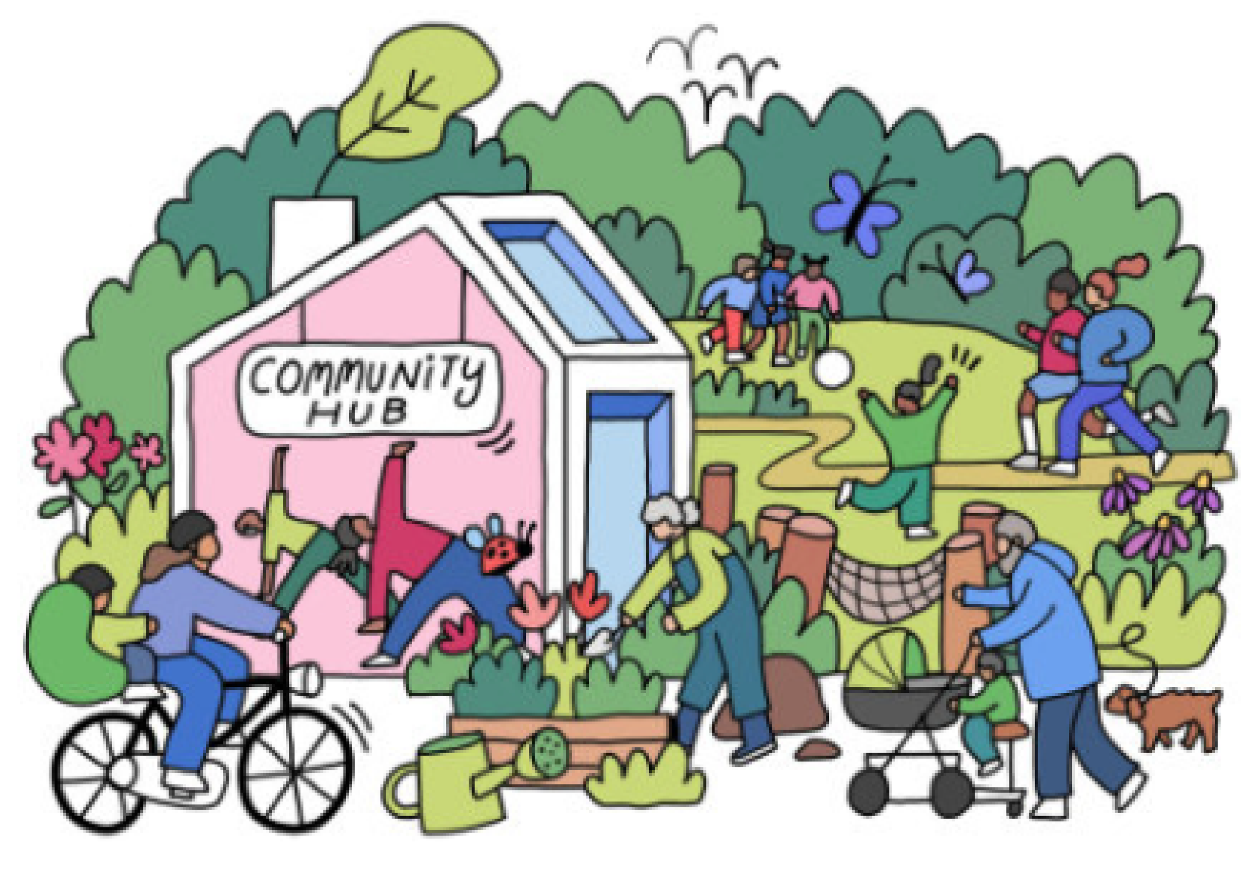 Colorful illustration of a community hub with people engaging in various outdoor activities such as gardening, biking, walking, and playing in a park surrounded by greenery and trees.