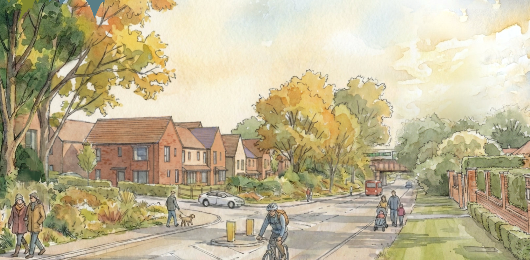 A watercolor-style illustration of a suburban neighborhood street scene during autumn. It features trees with yellow and orange leaves, houses with brick and siding exteriors, and sidewalks with pedestrians, including couples, children, and a cyclist. There is a car and a bus on the street, with brick fences and lush greenery along the sidewalks.