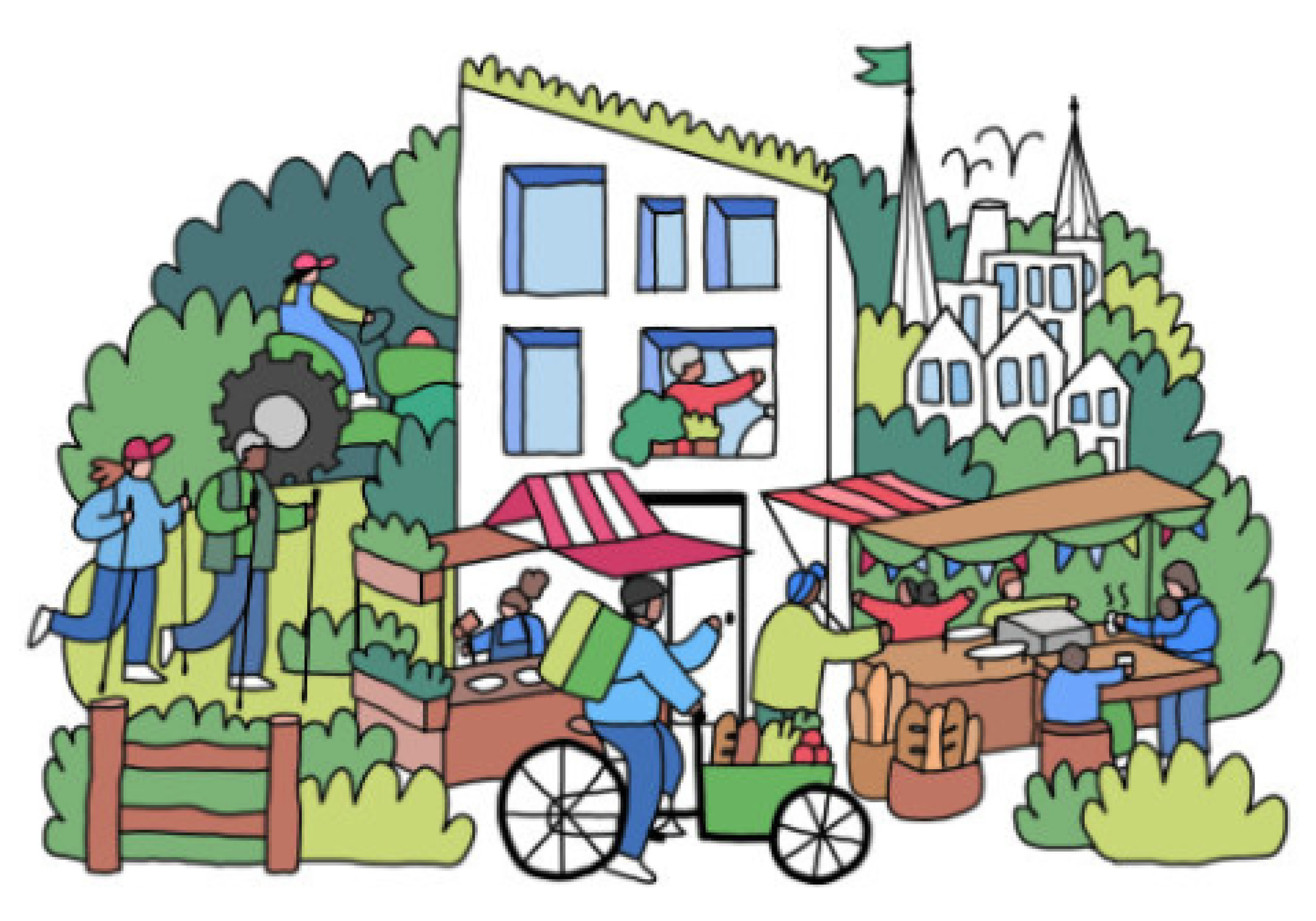 A colorful illustration of a community gathering around a house, with people walking, biking, and sitting at outdoor tables under canopies, surrounded by trees and bushes, and a distant church with steeples in the background.