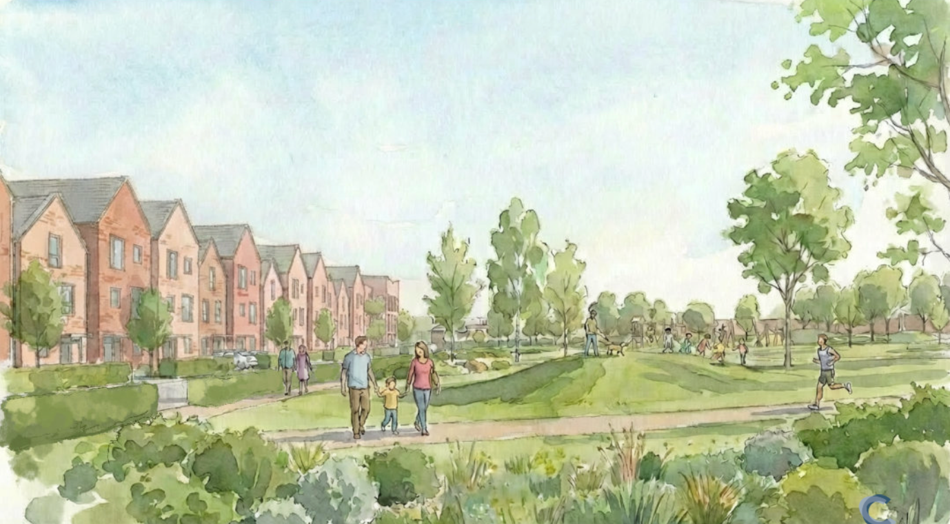 A watercolor illustration of a community park with children playing and adults walking, lined with trees and houses in the background.