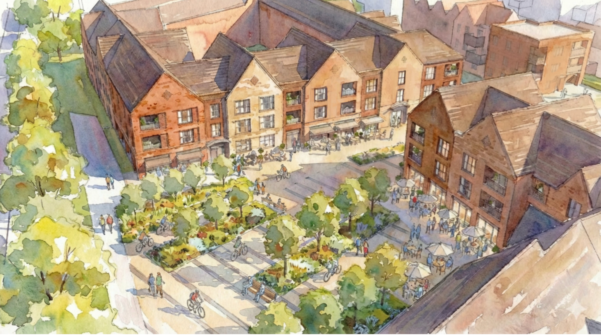 Watercolor illustration of an urban neighborhood with people walking and biking, trees, parks, and multi-story brick buildings with shops and cafes on the ground level.