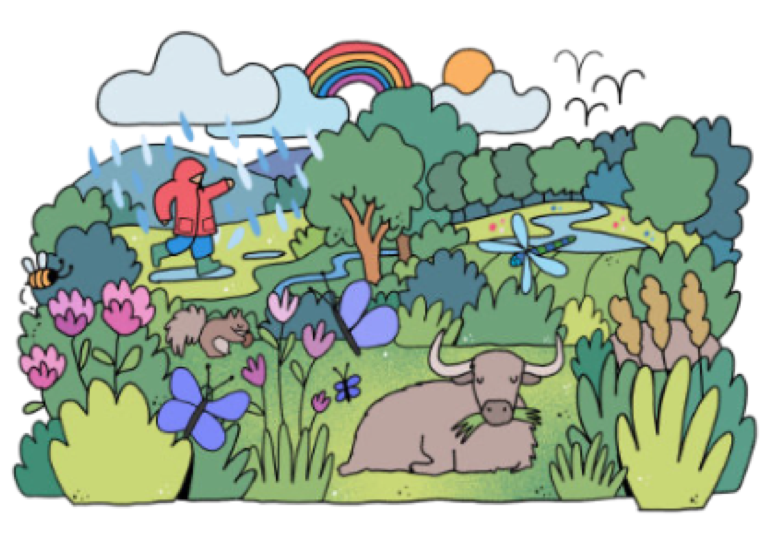 Colorful cartoon landscape with trees, flowers, a rainbow, clouds with rain, a sun, birds, bees, butterflies, a dragonfly, a buffalo, a rat, and a person walking with a coat.