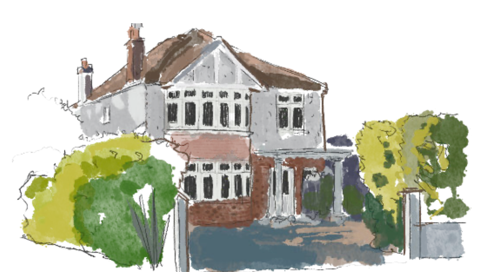 Watercolor illustration of a two-story house with a gabled roof, surrounded by green trees and bushes.