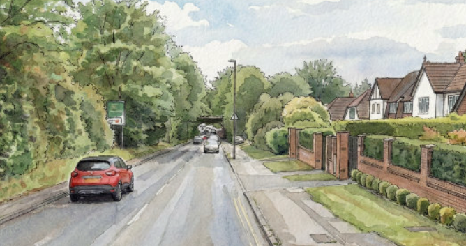 A watercolor illustration of a suburban street with cars driving, residential houses, trees, and a cloudy sky.