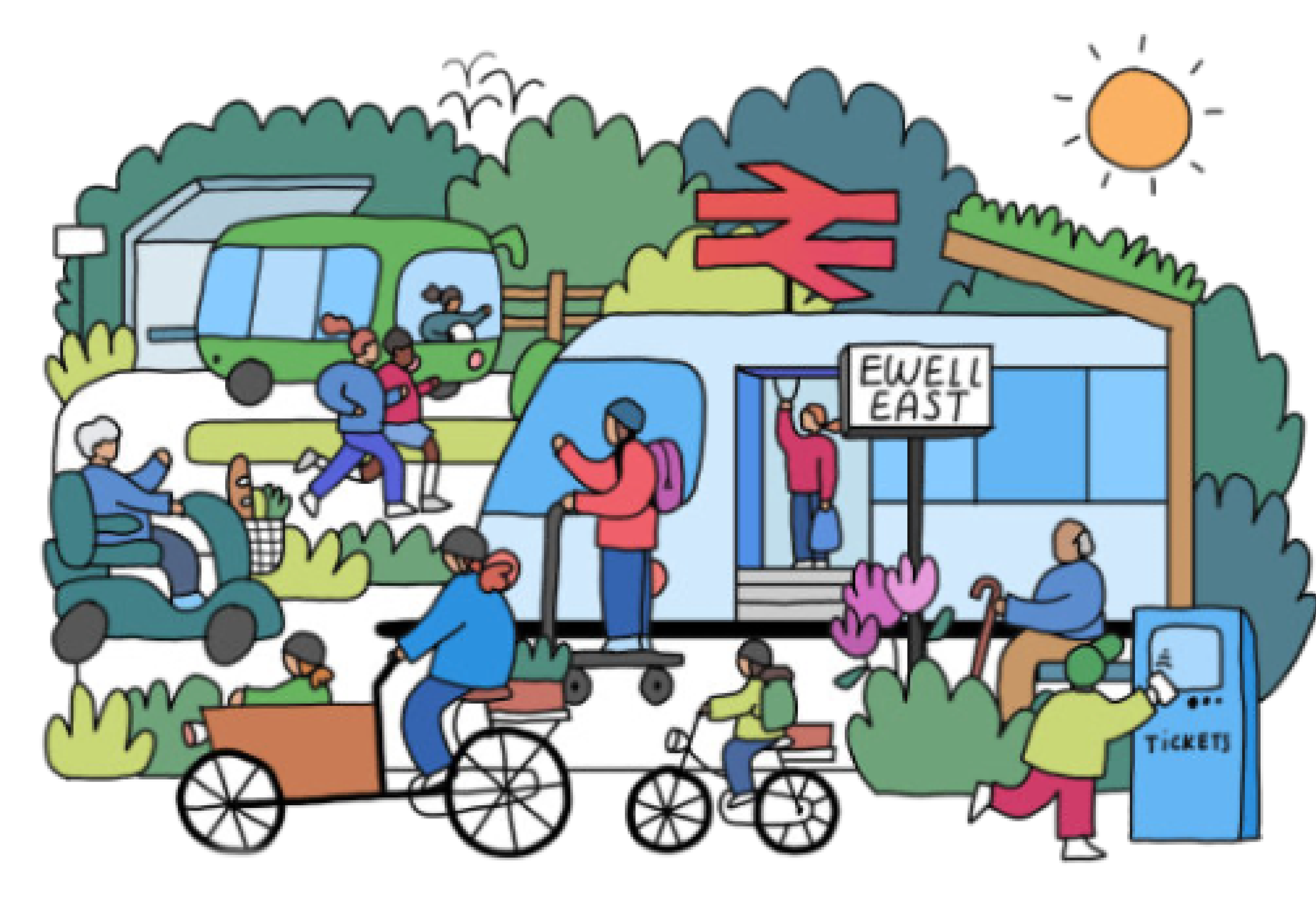 A colorful illustration of a neighborhood scene with people engaging in various activities such as walking, cycling, riding in mobility scooters, waiting at a bus stop labeled 'Ewell East,' and purchasing tickets at a vending machine. There are trees, a bus, shrubs, and the sun in the sky.
