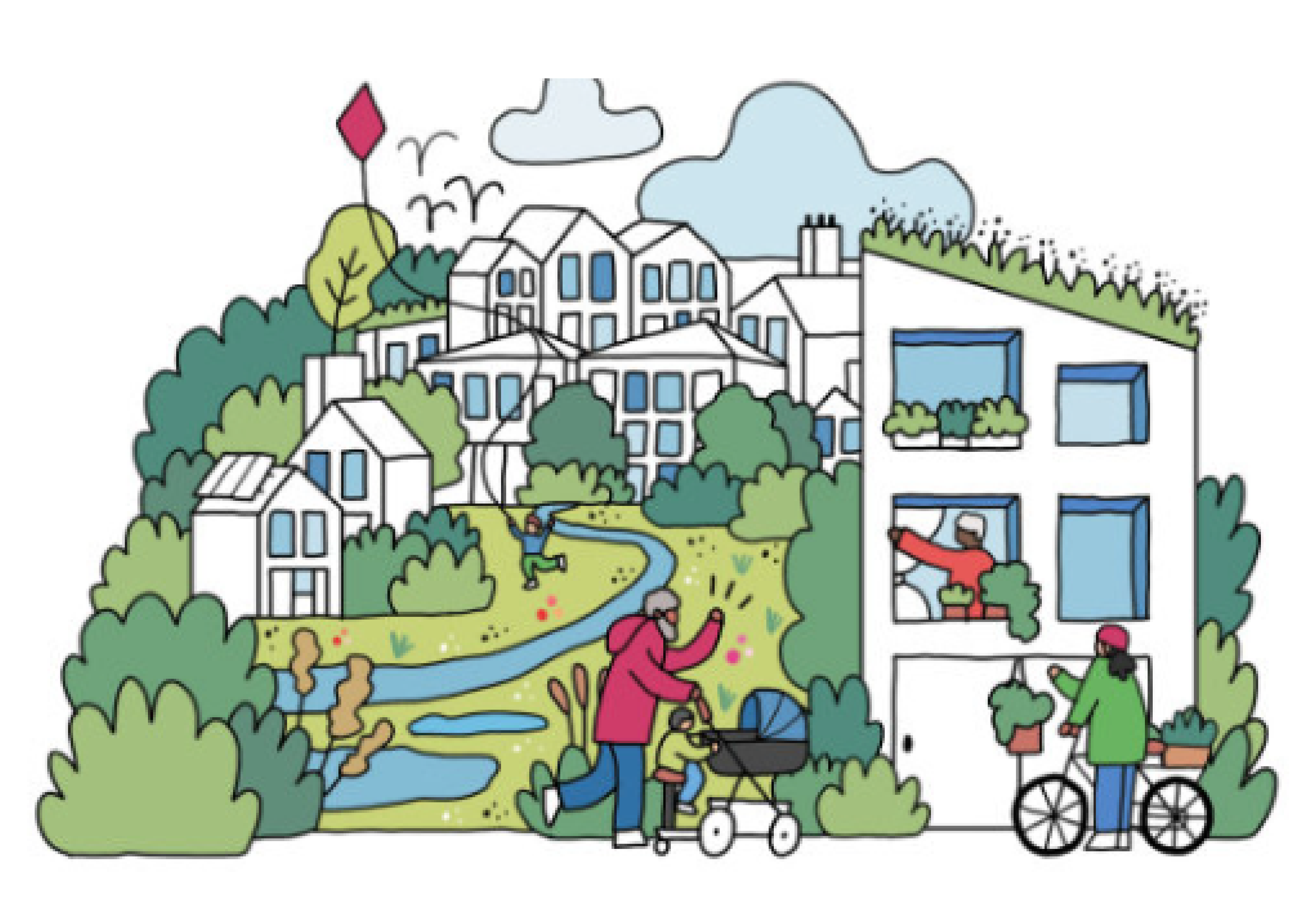 Colorful illustration of a neighborhood with houses, trees, walking paths, a stream, and people engaging in outdoor activities like walking, cycling, and gardening.