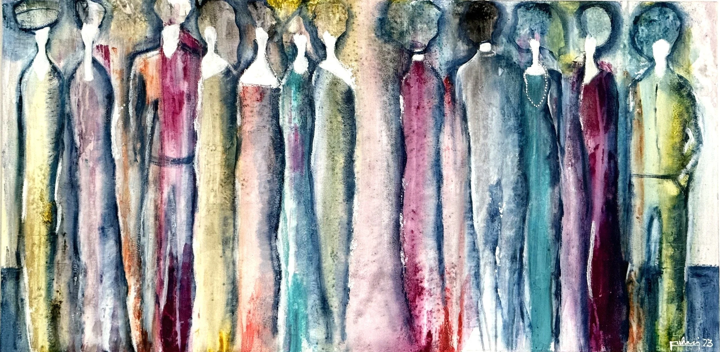 Abstraktes Gemälde mit vertikalen Farbstrichen in verschiedenen Farben, darunter Blau, Rosa, Gelb und Schwarz, das Menschen in stilisierter Form darstellt.