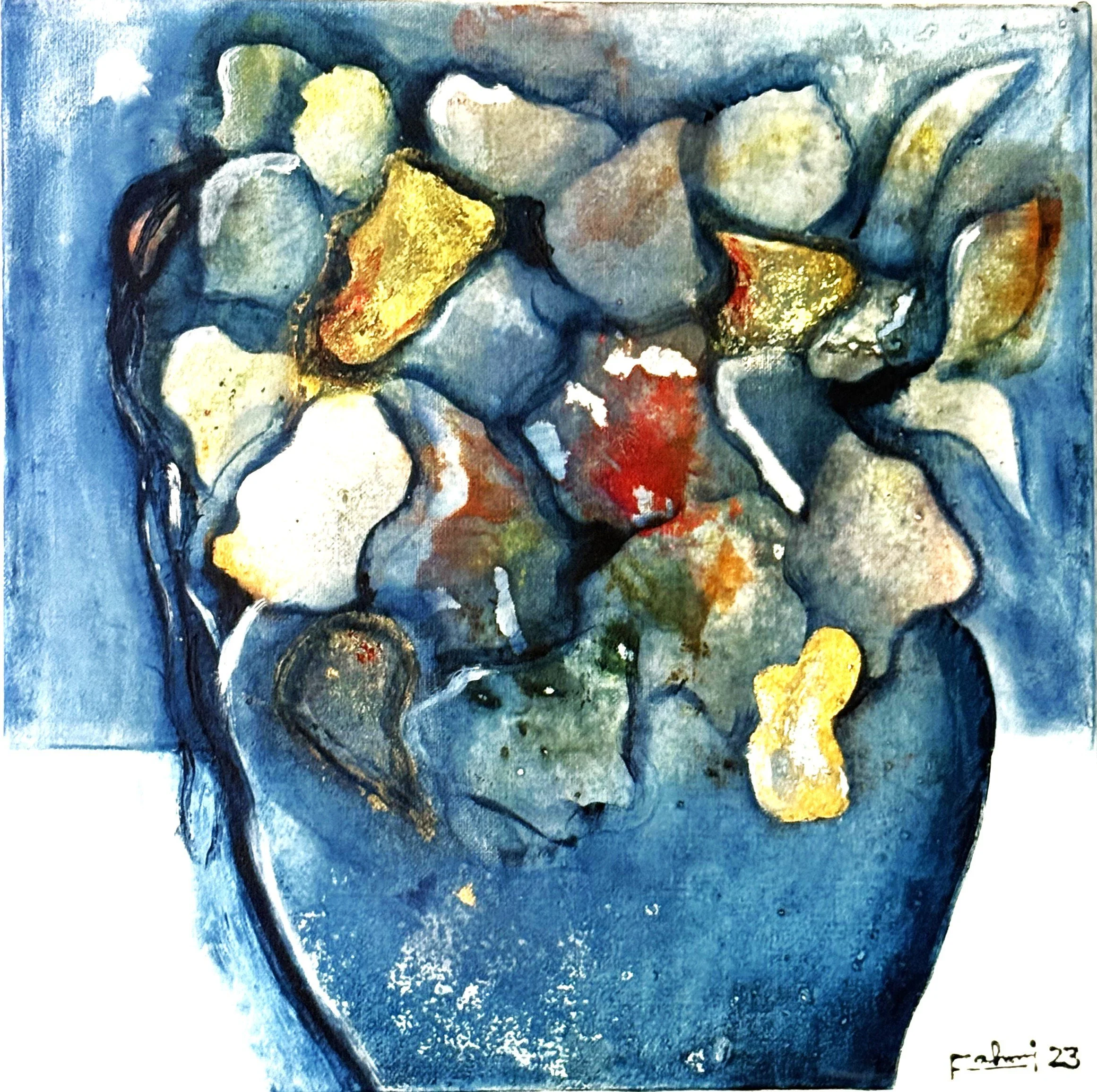 Aquarellmalerei mit verschiedenen bunten, runden Formen und dunklen Konturen auf blauem Hintergrund.