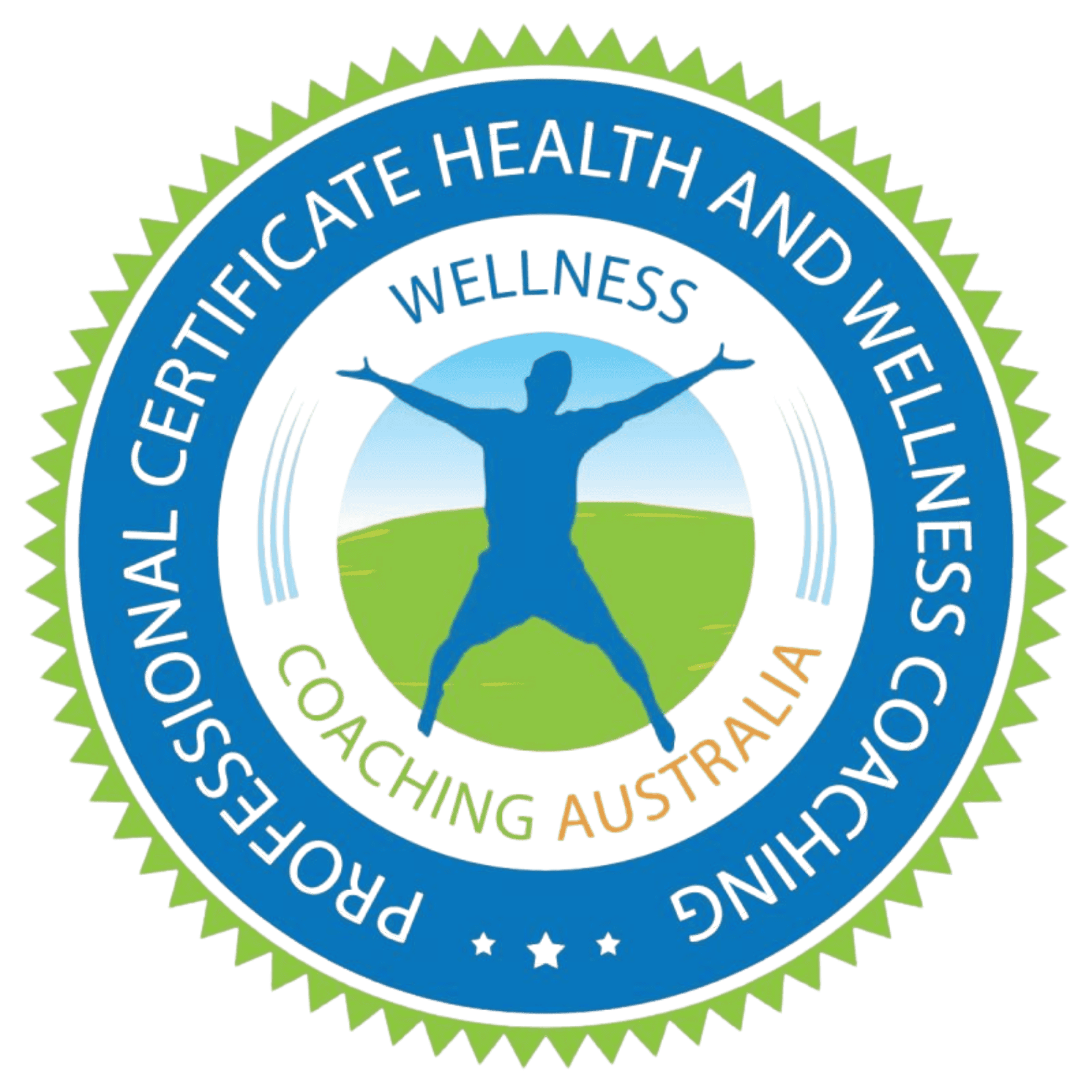 Seal of the Professional Certification in Health and Wellbeing Coaching Australia, featuring a blue human figure with arms and legs outstretched, standing on green grass with a background of blue sky and clouds, encircled by blue and green rings with the words 'Professional Certification in Health and Wellbeing Coaching Australia,' 'Wellness,' and 'Coaching Australia'.