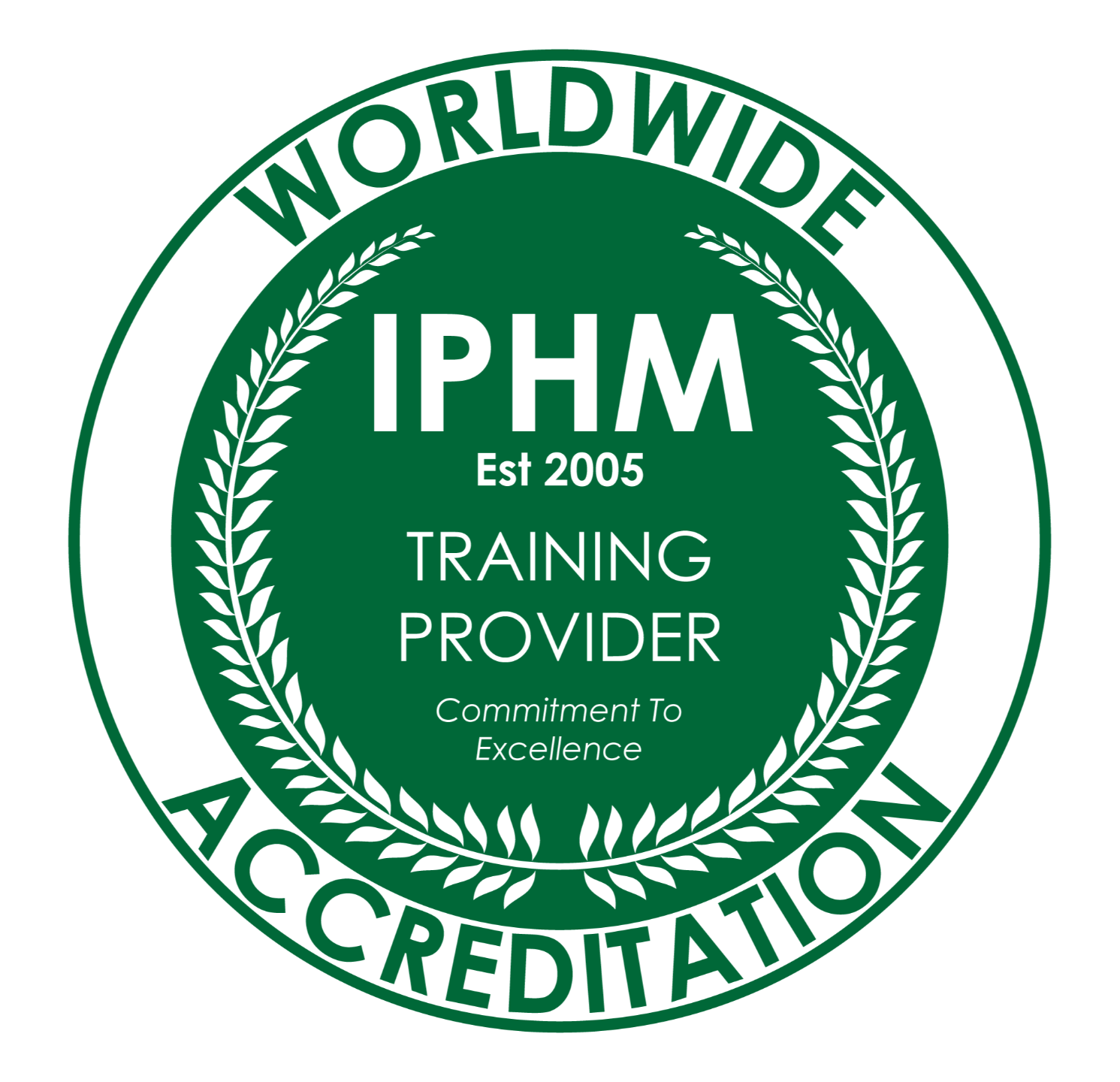 Logo with green and white circular design, text reading "Wordwide Accreditation, IPHM, Est 2005, Training Provider, Commitment To Excellence"