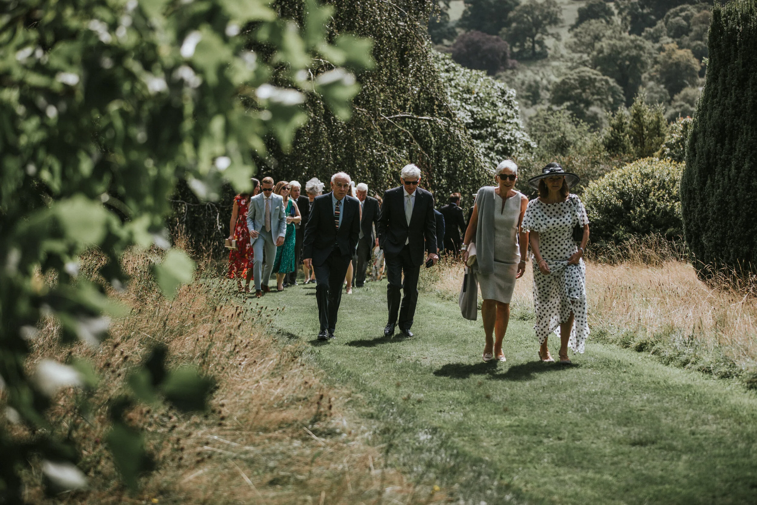 A group of people walking outdoors on a grassy path in a scenic, lush setting with trees and hills.