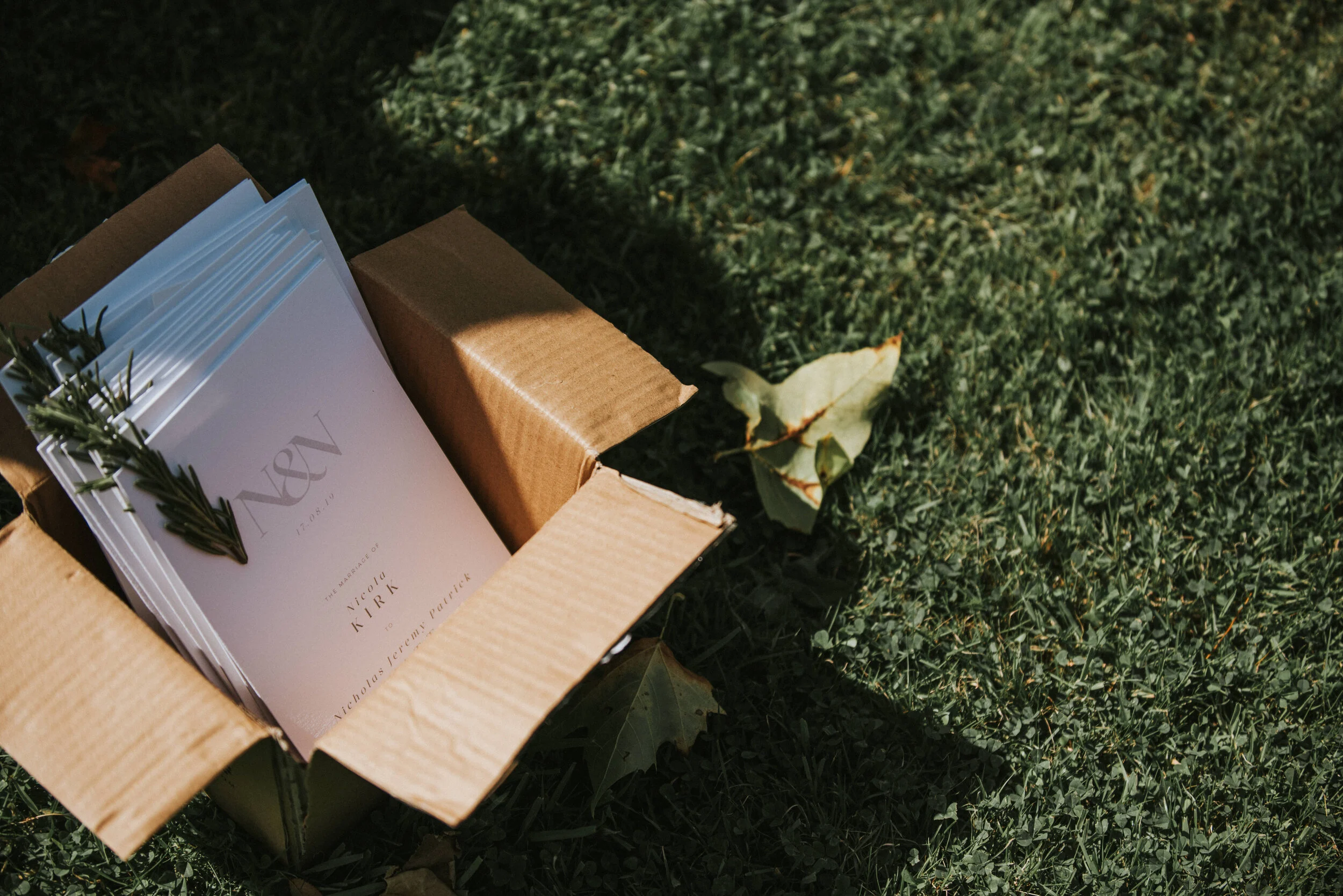 An open cardboard box on grass with wedding invitations inside, decorated with a sprig of rosemary.