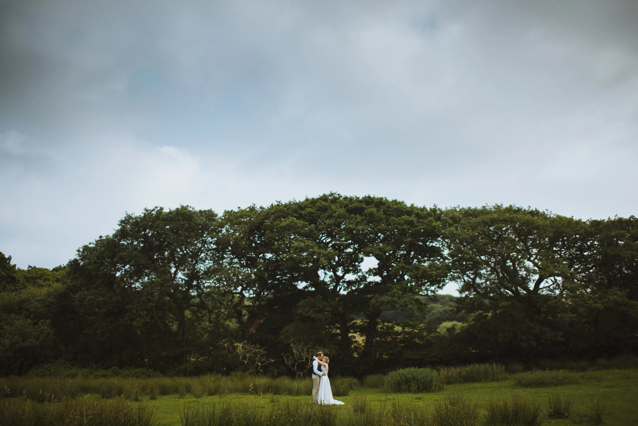 A couple in wedding attire stands hugging under a large tree in a grassy landscape with a cloudy sky above.