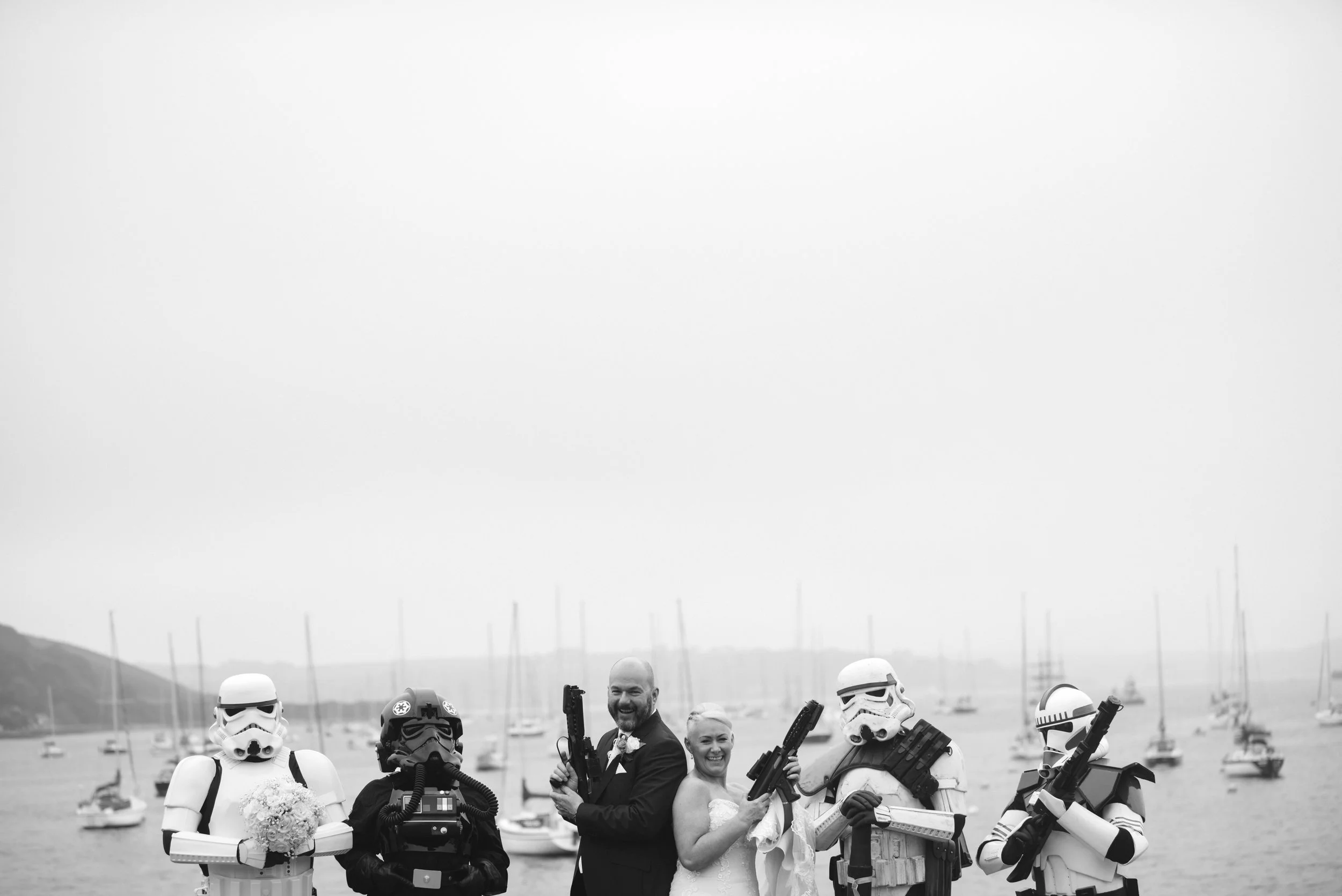 Star Wars inspired wedding group photo in Falmouth, Cornwall