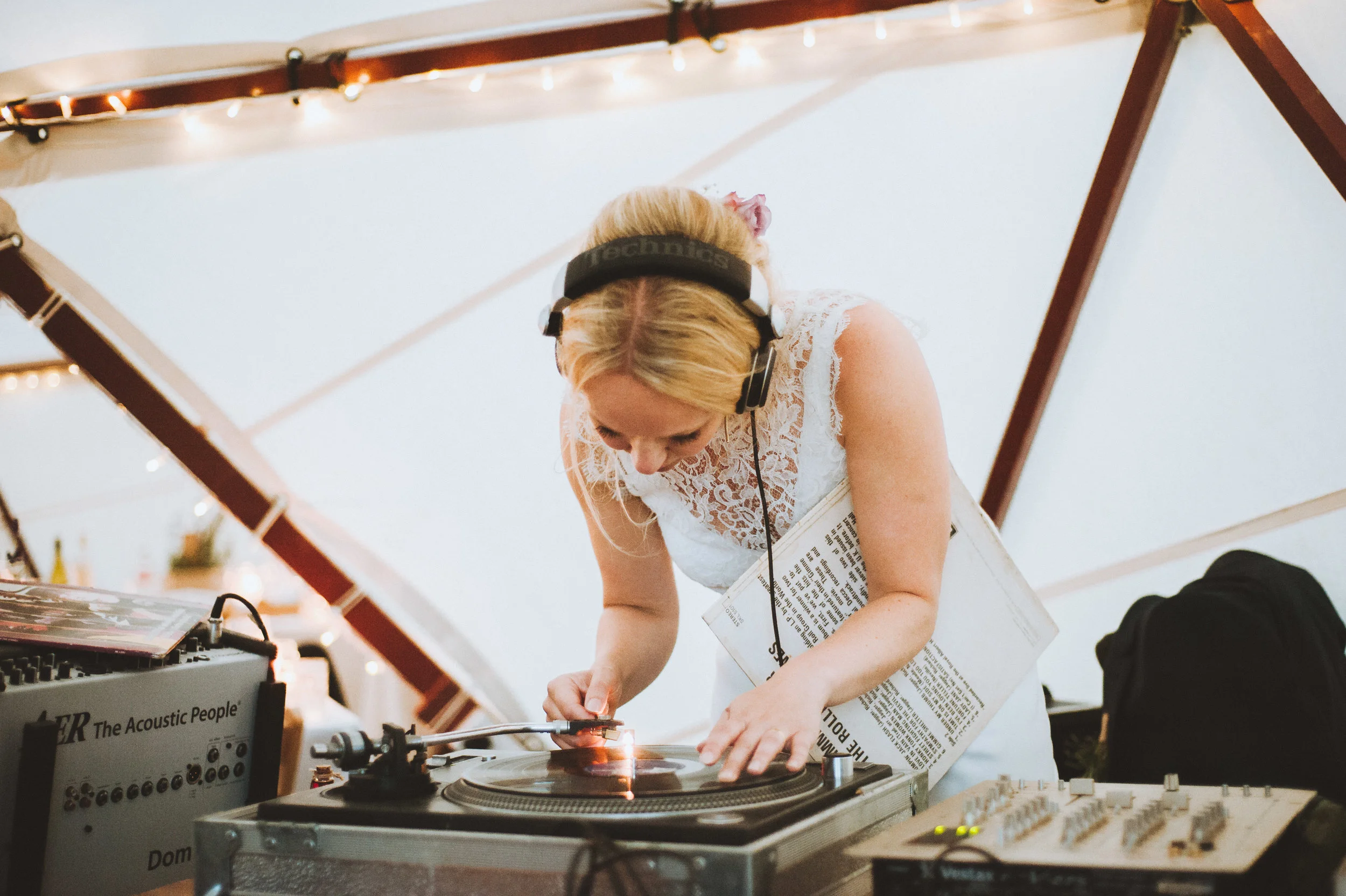 Tipi wedding captured by Cornwall wedding photographer Mark Shaw Photography - bride DJ 