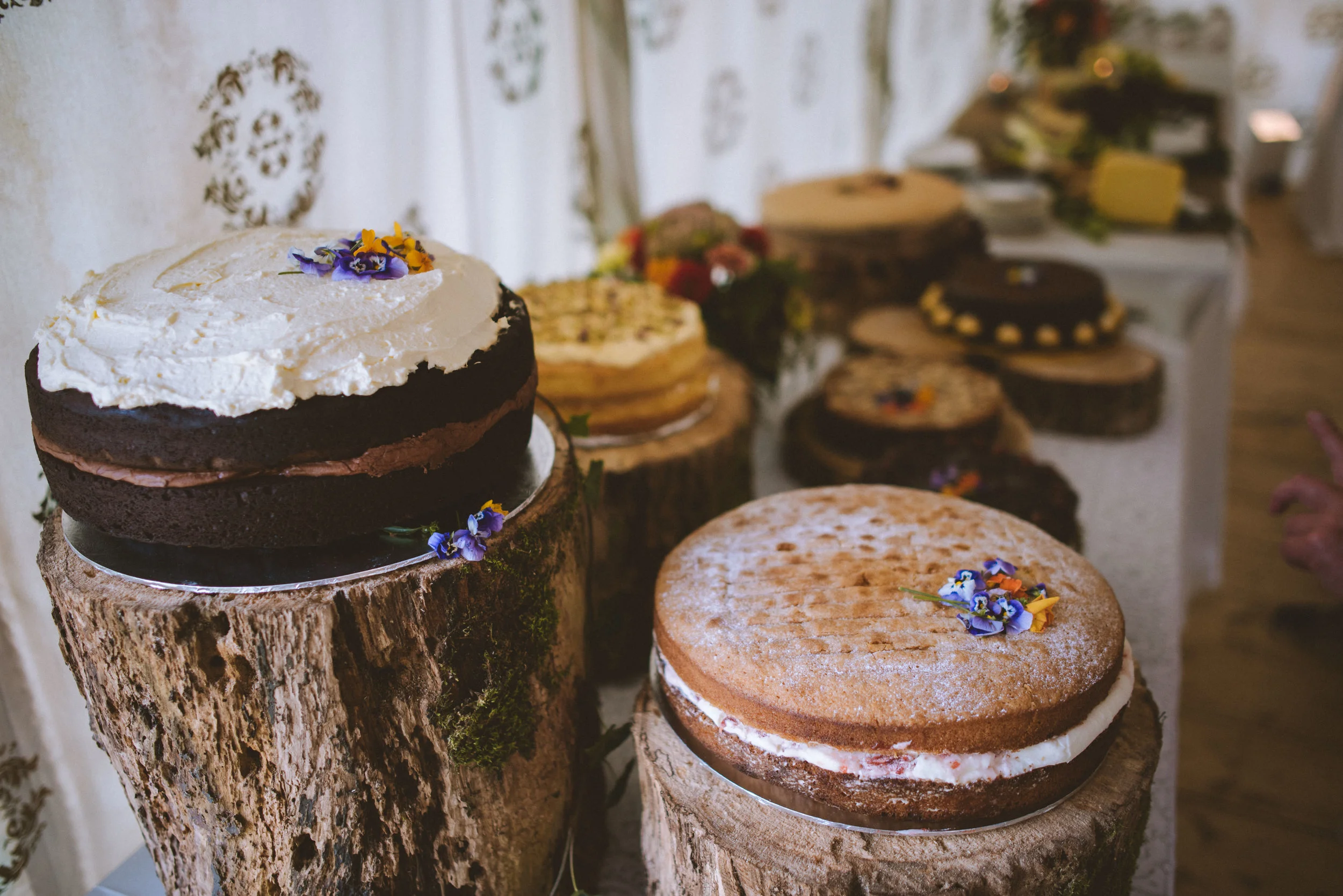 Display of various cakes on wooden stumps at a bakery or café, decorated with edible flowers.
