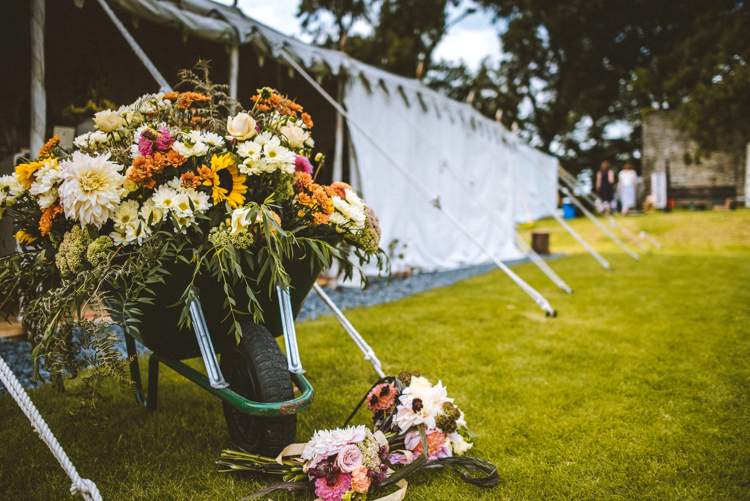 A wheelbarrow filled with colorful flowers, including sunflowers, roses, and daisies, on a grassy area at an outdoor event with a white tent and trees in the background.