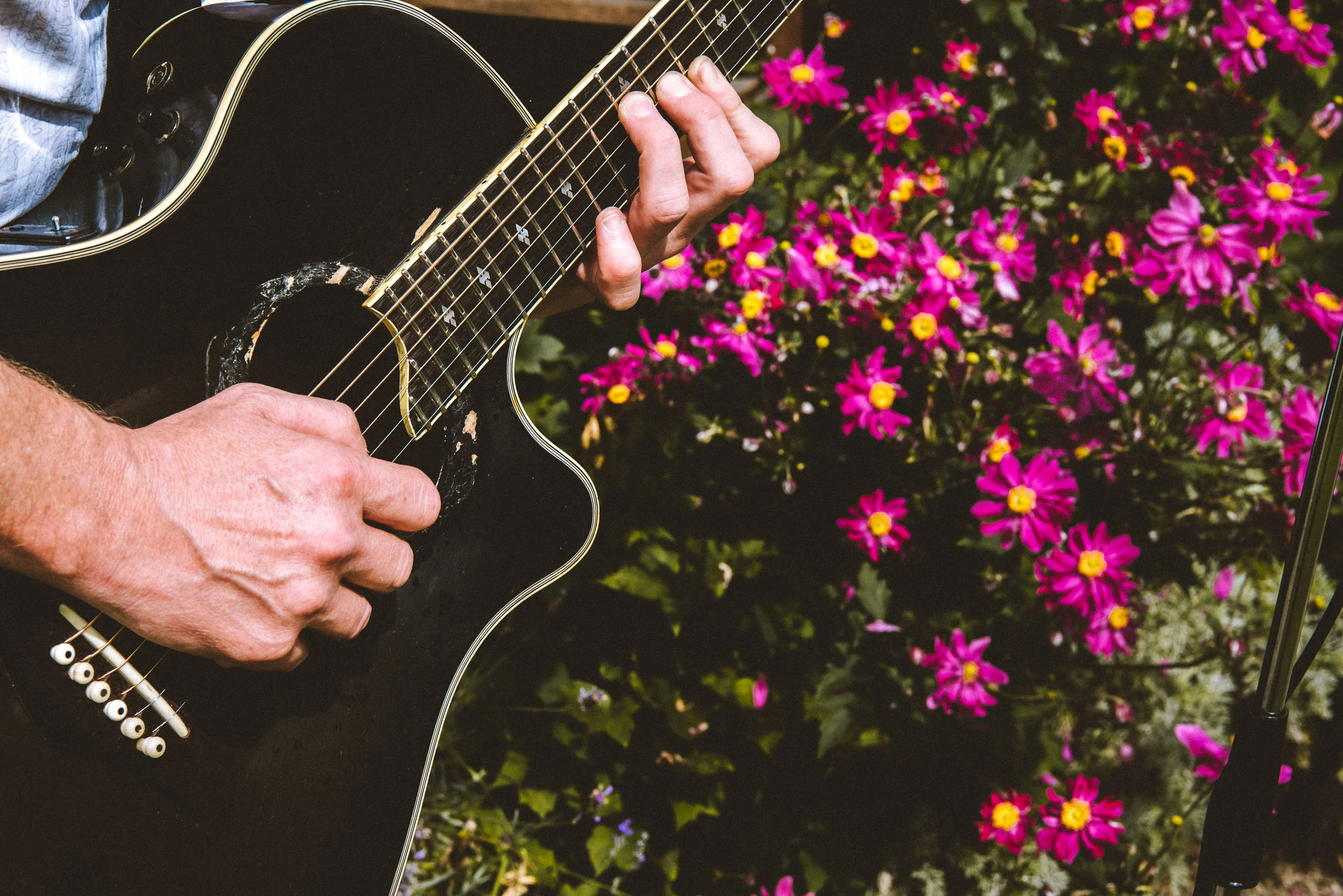 Person playing a black acoustic guitar outdoors, with pink flowers in the background.