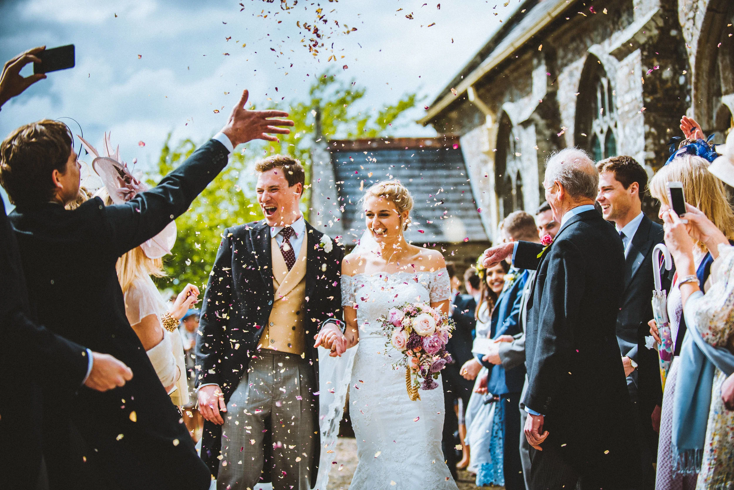 Wedding photo of confetti celebrations in Cornwall