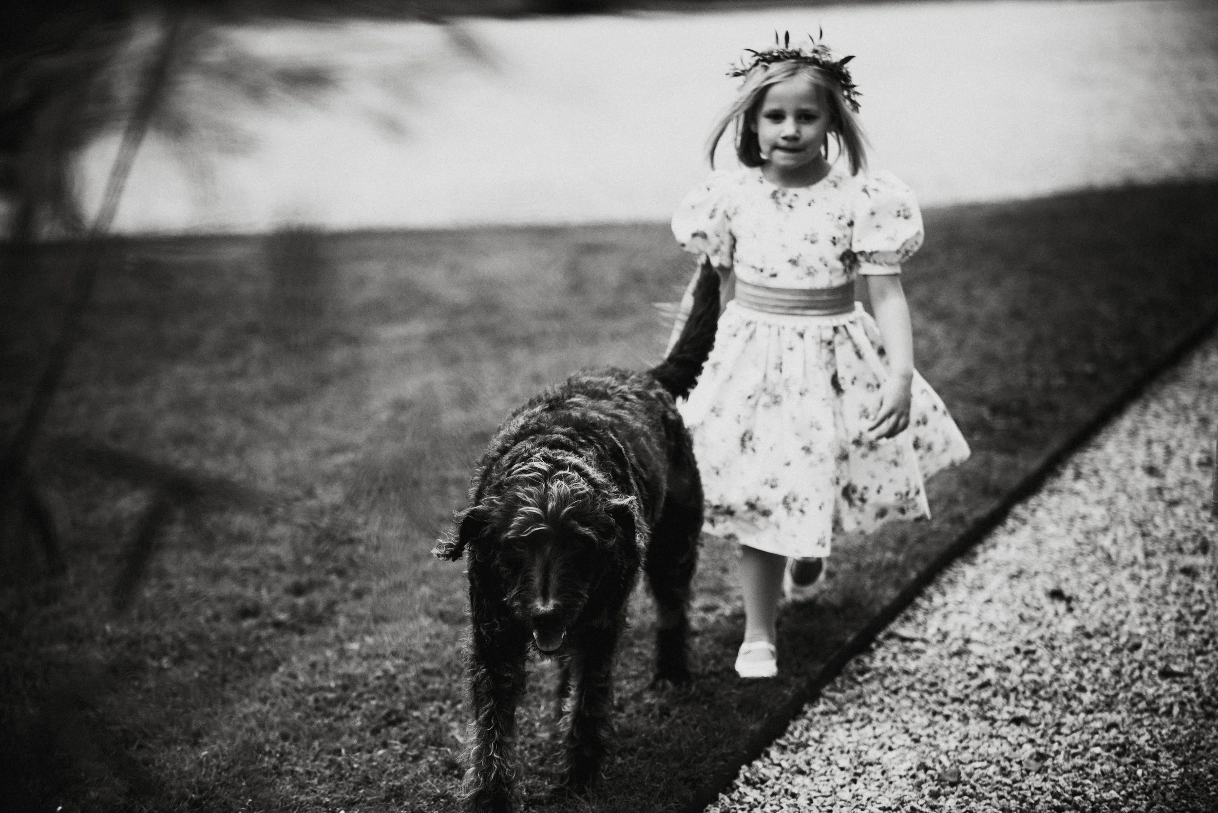 A young girl in a floral dress with puffed sleeves and a floral crown on her head, walking outside with a large dog on a leash. The photo is in black and white.