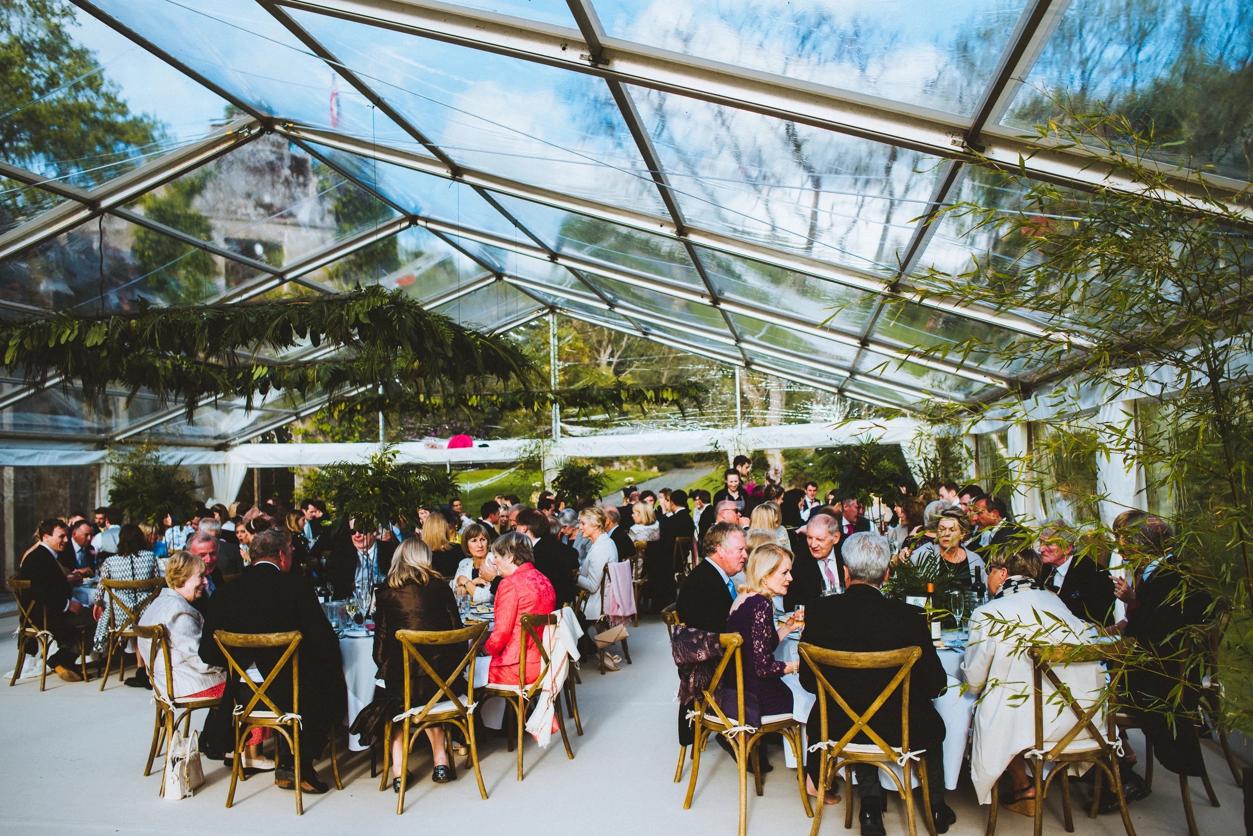 Guests at round tables dining inside a glass conservatory surrounded by green plants and trees.