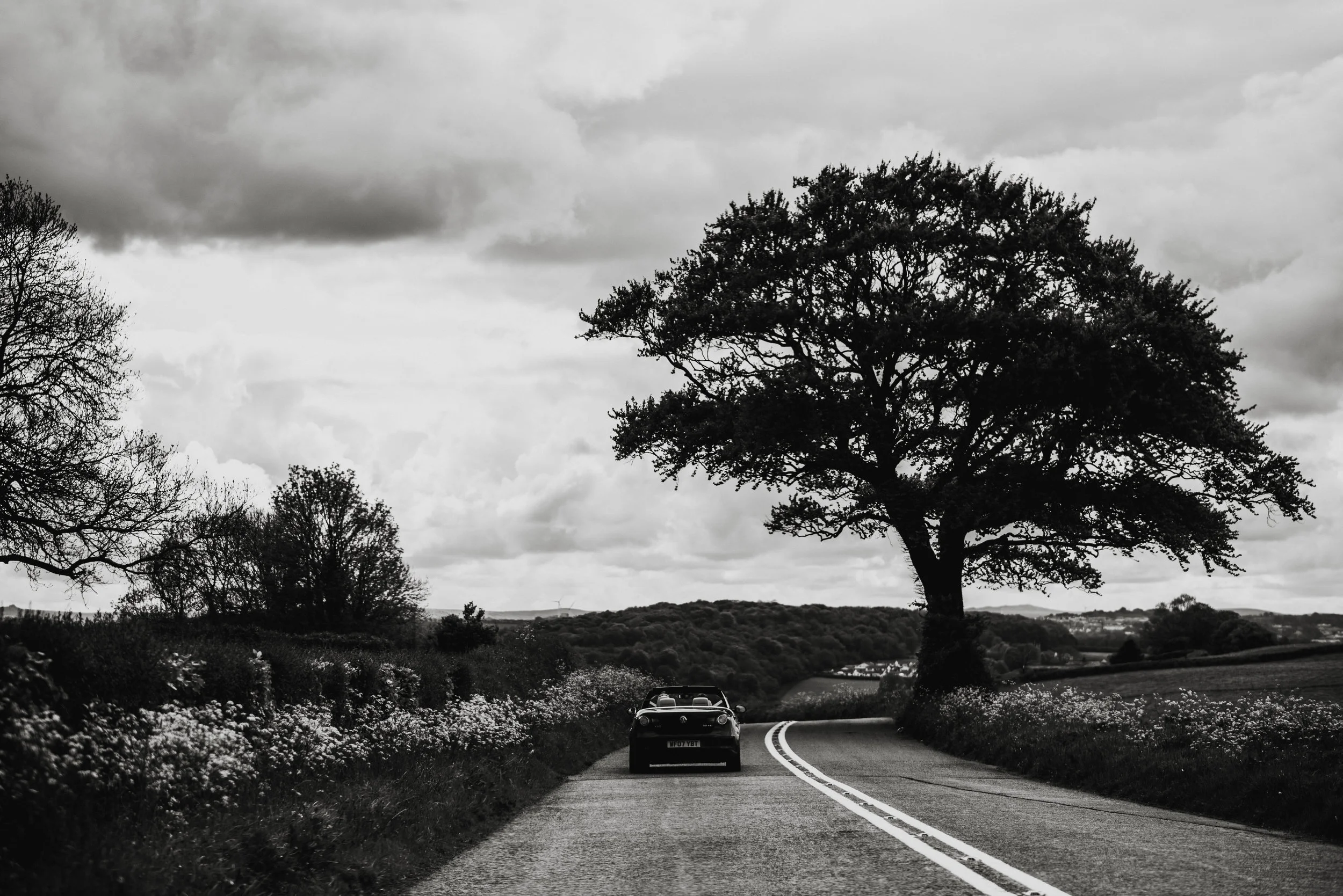A black and white photo of a rural road with a car driving towards a large tree, surrounded by fields and other trees, under a cloudy sky.