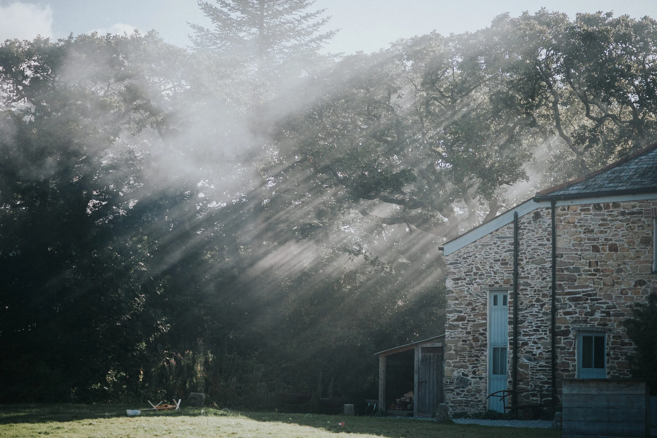 Sun rays streaming through fog and trees onto a house with a stone exterior and blue window trim.