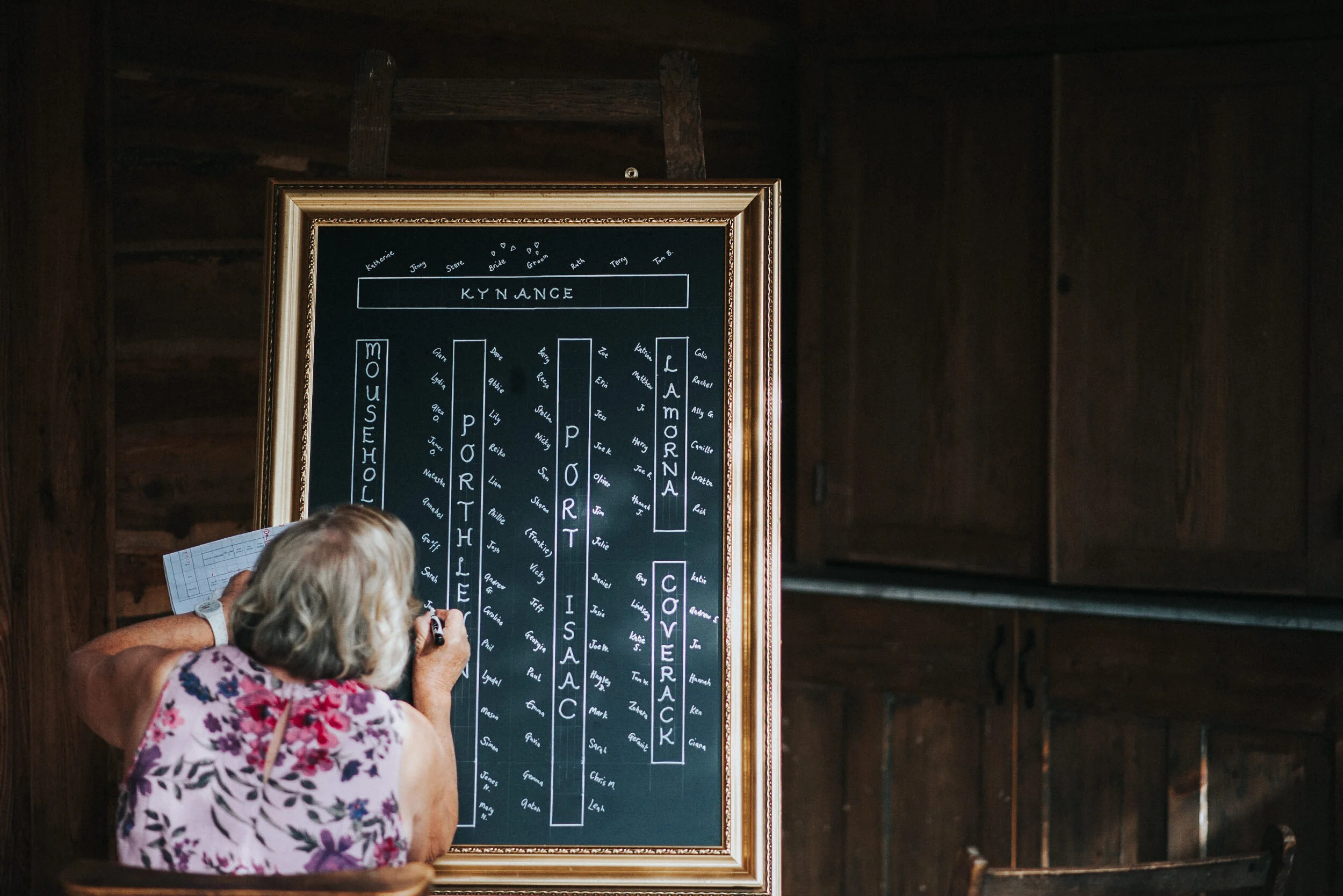 An elderly woman with gray hair, wearing a floral dress, writing or drawing on a chalkboard framed in gold, with a wedding seating chart laid out, featuring sections labeled 'KYANE,' 'MOUSEHOLE,' 'PORT HLE,' 'LA MORNA,' 'COVERACK,' and 'PORT ISAAC.'