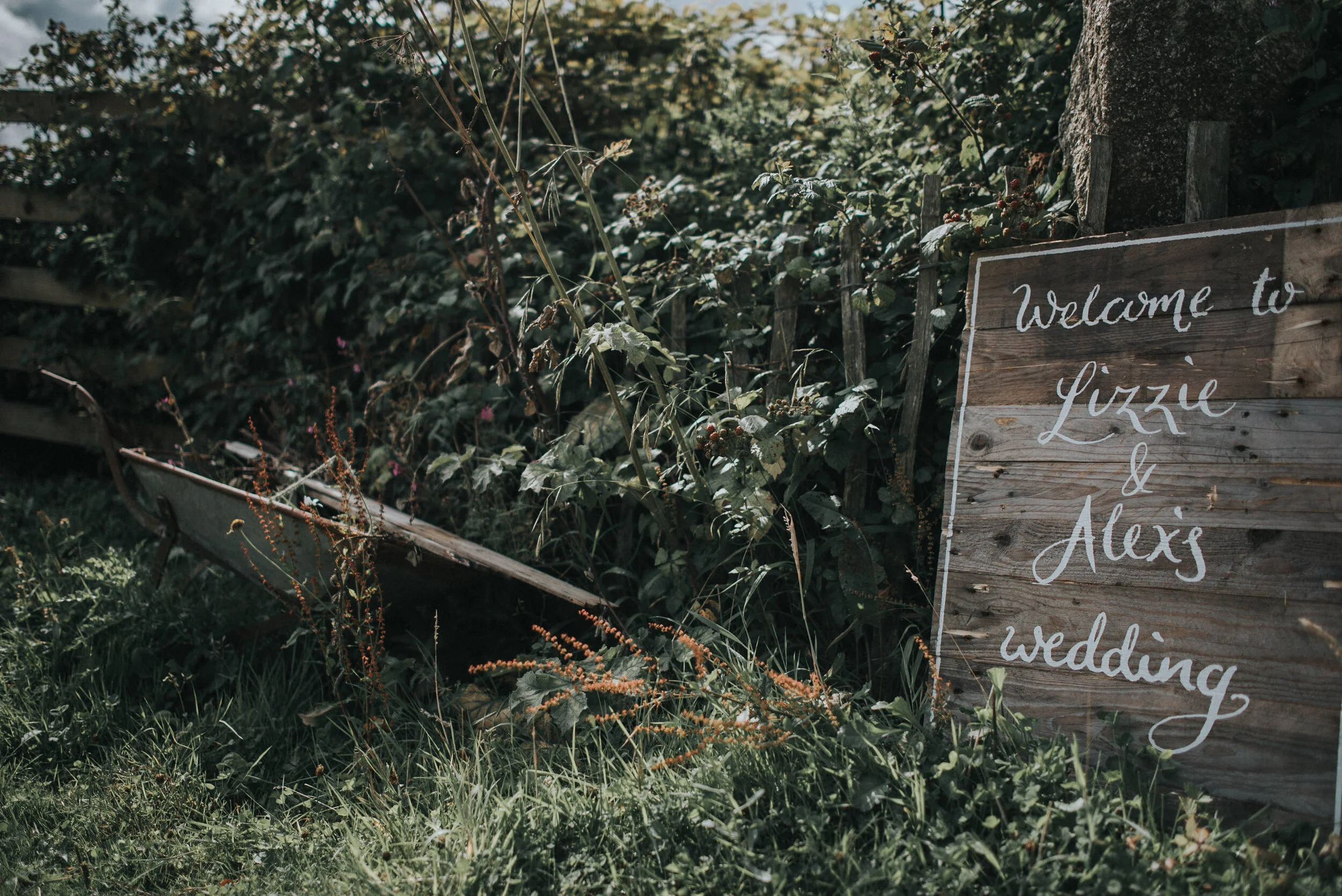 A rustic wooden sign with white cursive writing reads, 'Welcome to Lizzie & Alex's wedding.' The sign is leaning against overgrown greenery and plants, with an old metal wheelbarrow lying on its side in front of the foliage.